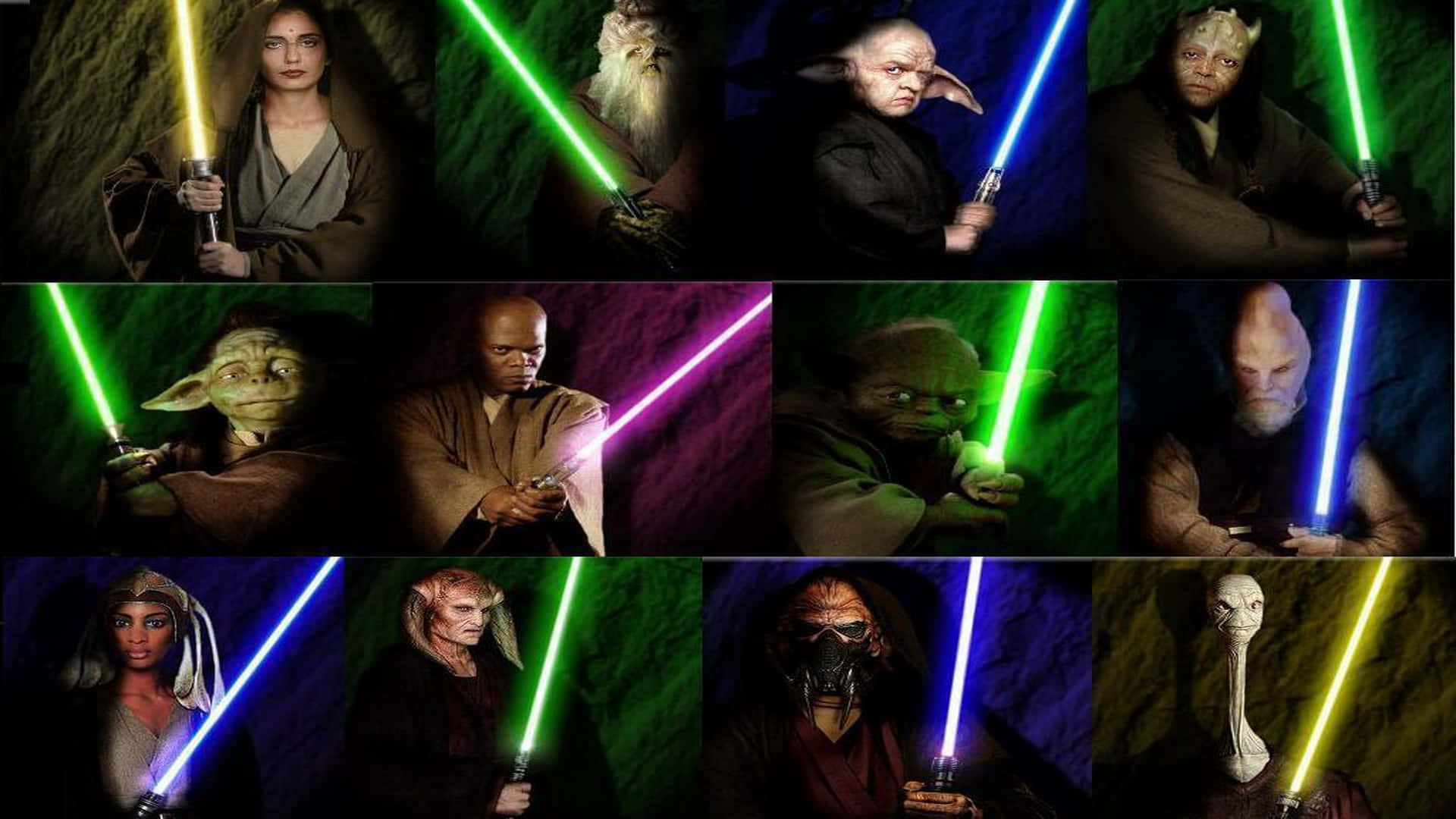 Jedi Council 桌布 壁紙 — 來自《星際大戰》的九位絕地武士和西斯戰士在深色紋理背景前手持發光光劍。