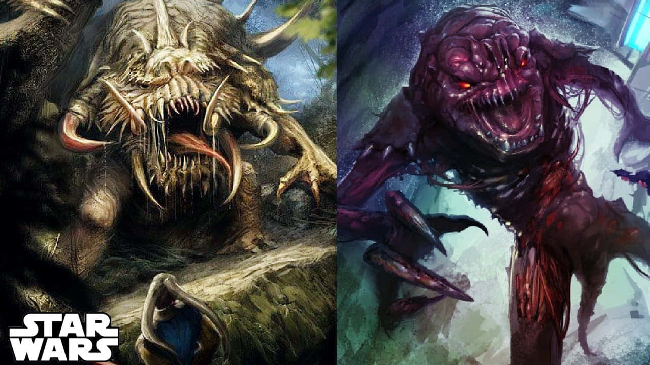 Rancor 桌布 壁紙 — 來自《星際大戰》的兩隻怪異外星生物，以黑暗奇幻藝術風格描繪，擁有鋒利牙齒和發光眼睛。