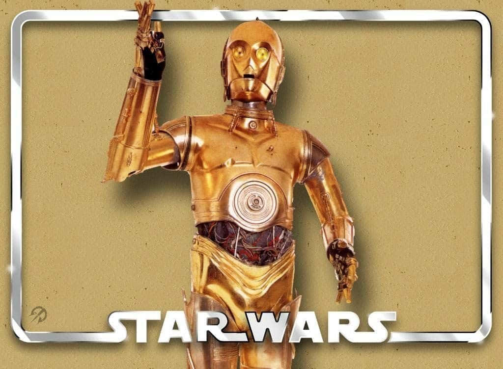 C-3po 桌布 壁紙 — 來自《星際大戰》的金色C-3PO機器人在米色背景的金屬框架中舉起一隻手。