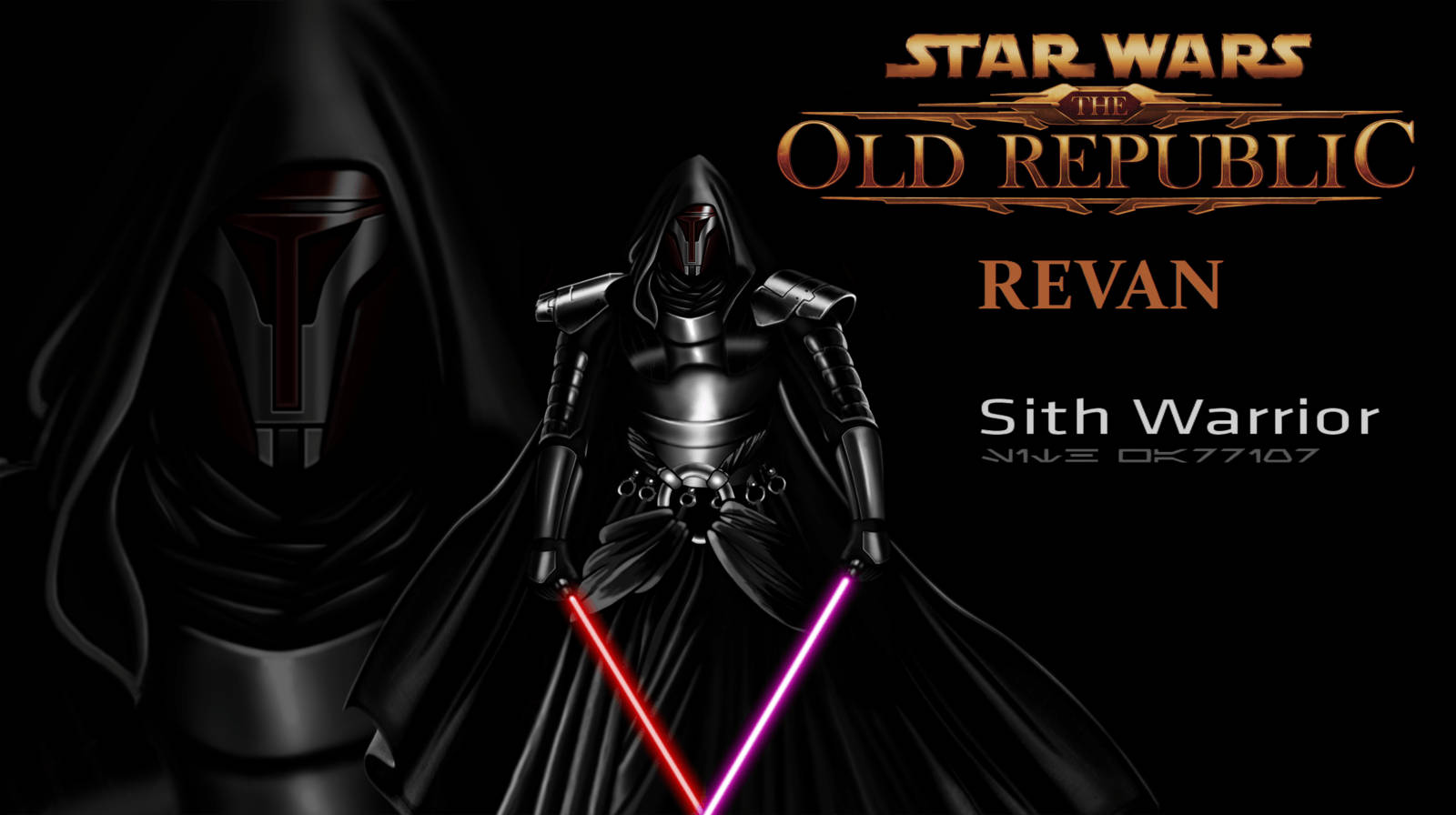 Revan 桌布 壁紙 — 來自《星際大戰：舊共和國》的黑暗兜帽西斯戰士，在黑色背景前手持兩把發光的紅色和紫色光劍。