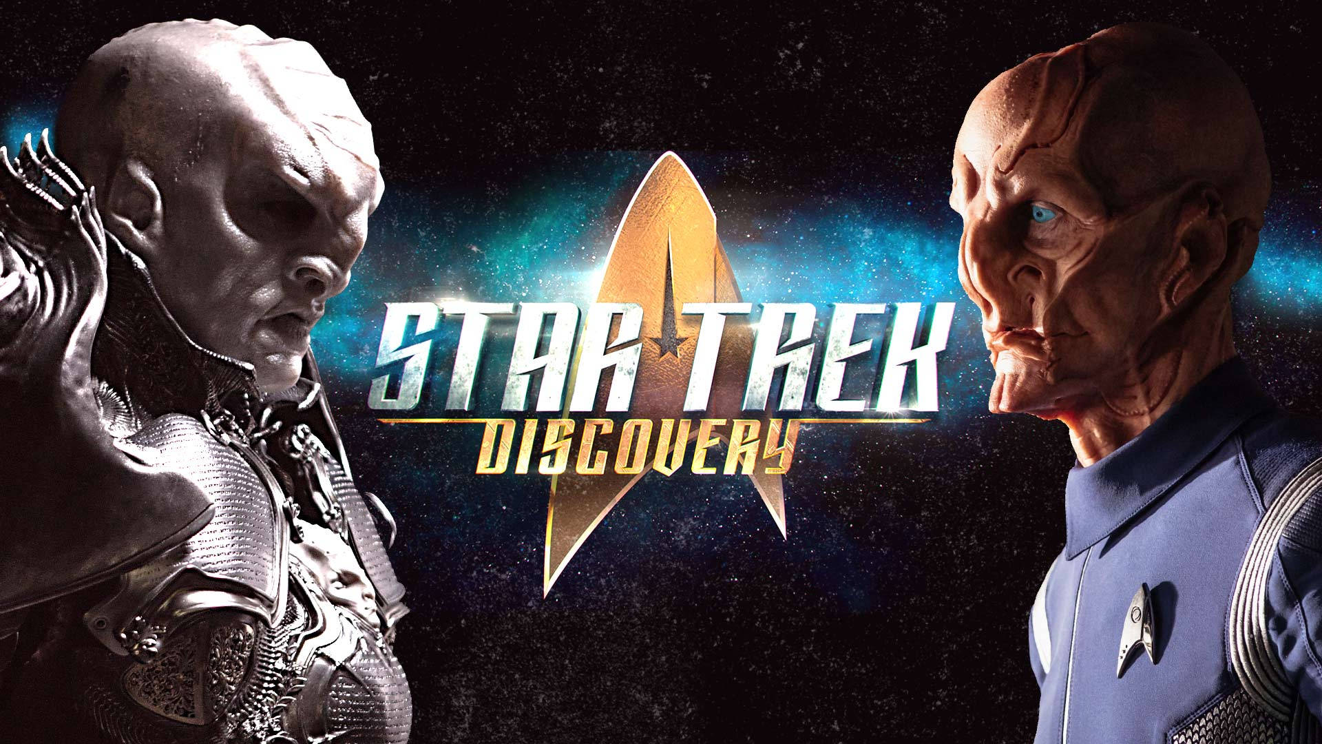 Discovery 桌布 壁紙 — 來自《星際爭霸戰：發現號》的兩個外星角色在星空背景下對峙，節目標誌在他們之間發光。