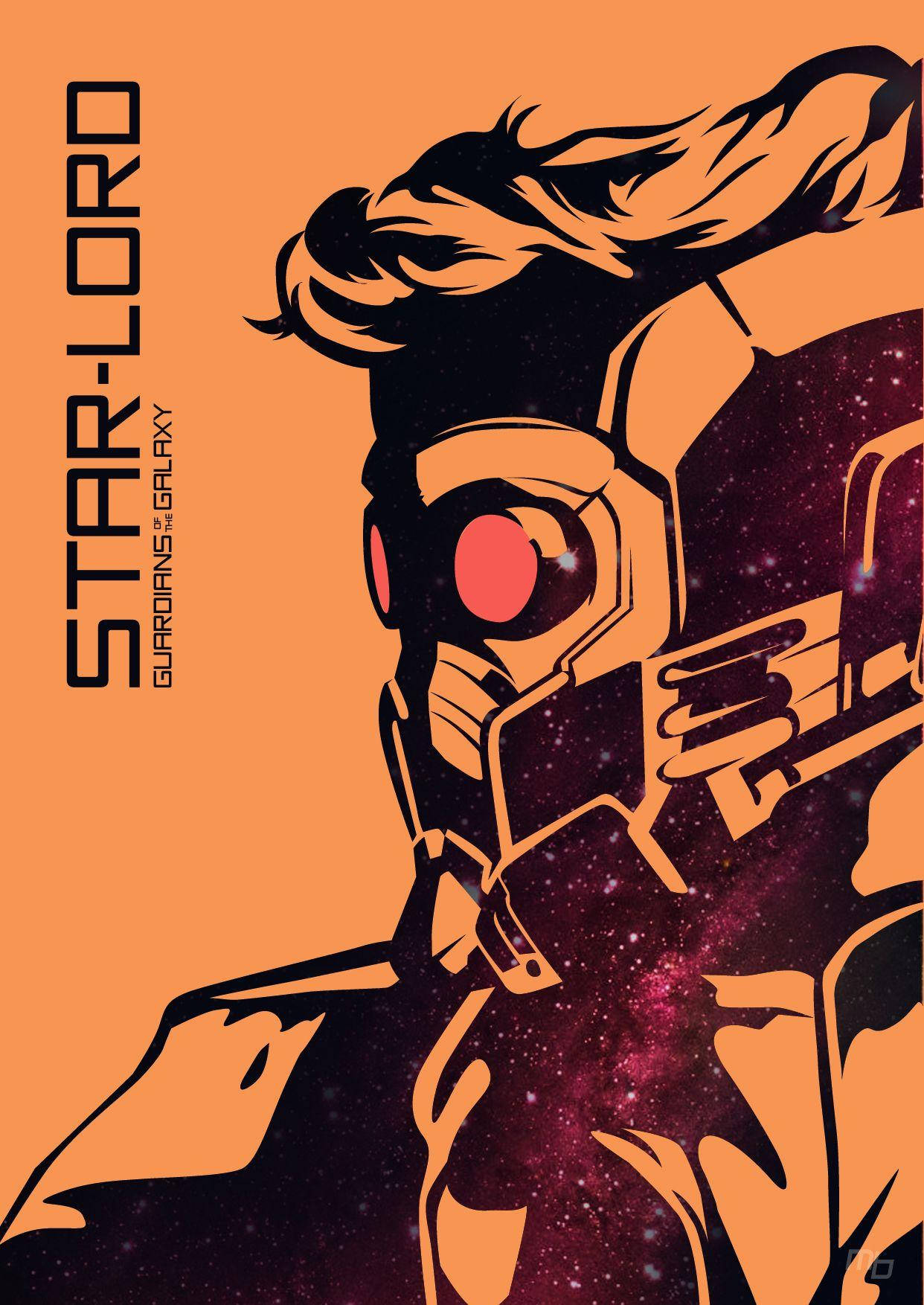 Star Lord 桌布 壁紙 — 來自《星際異攻隊》的星爵以側面姿勢站立，背景是宇宙星雲，帶有鮮明的橙色和黑色線條。
