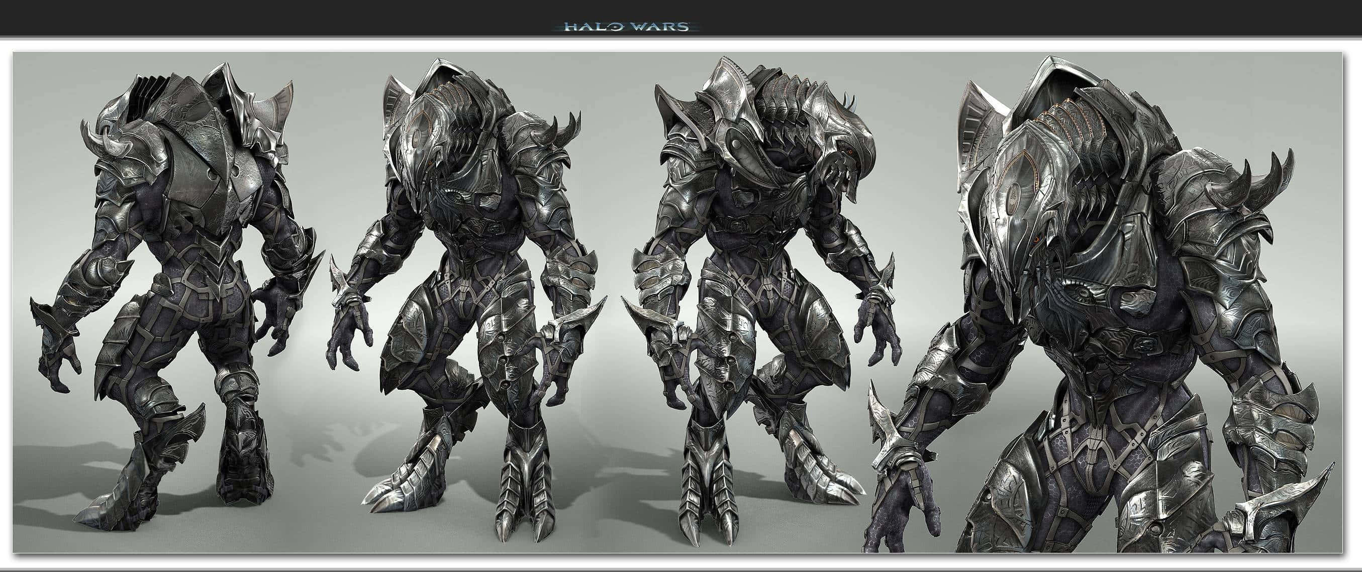 Halo Arbiter 桌布 壁紙 — 來自《最後一戰：星環戰役》的四個兇猛裝甲外星戰士排成一排，背景為純灰色。