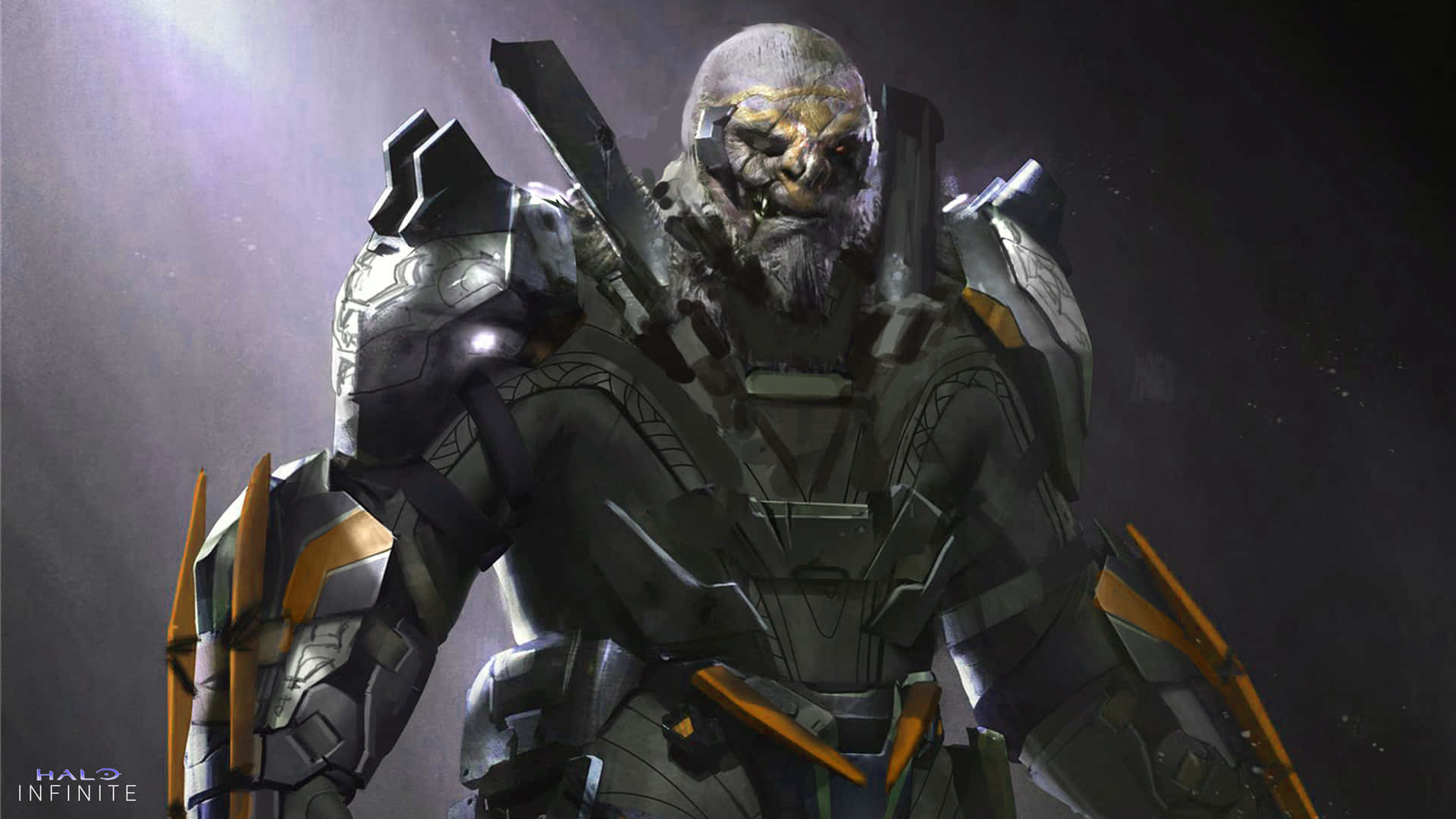 Halo Infinite 桌布 壁紙 — 來自《最後一戰：無限》的可怕裝甲外星戰士，站在昏暗光線中，帶有發光的橙色點綴和兇猛的表情。
