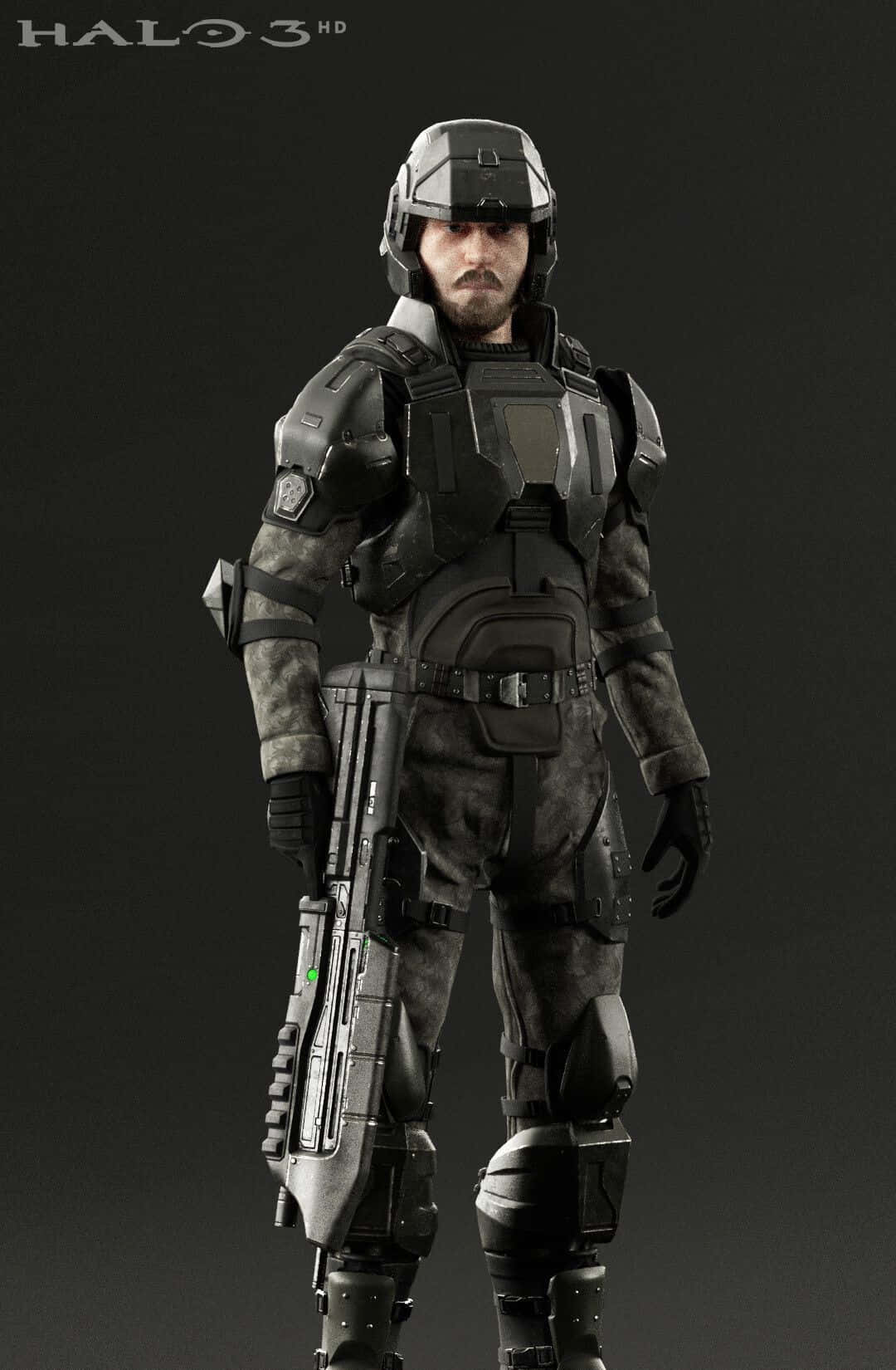 Halo Unsc 桌布 壁紙 — 來自《最後一戰3》的斯巴達戰士身穿全套盔甲，在黑暗的攝影棚背景下持步槍站立。