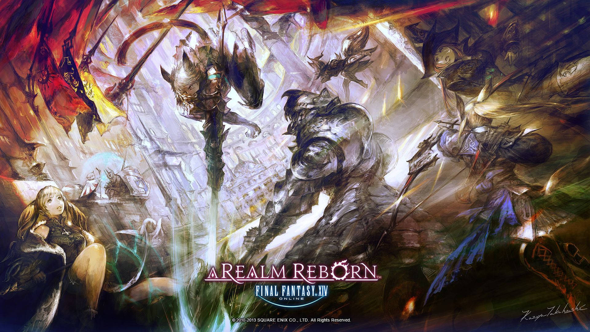 Ff14 桌布 壁紙 — 來自《最終幻想XIV》的動態奇幻戰鬥場景，裝甲戰士和法師身處旋轉的魔法能量和戲劇性燈光之中。