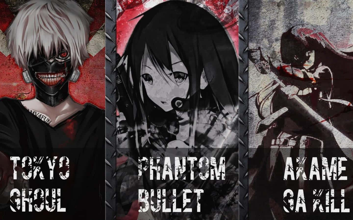 斬！赤紅之瞳 桌布 壁紙 — 來自《東京喰種 Phantom Bullet》和《斬！赤紅之瞳》的三個動漫角色，站在帶有血跡和粗體文字的粗糙風格面板中。