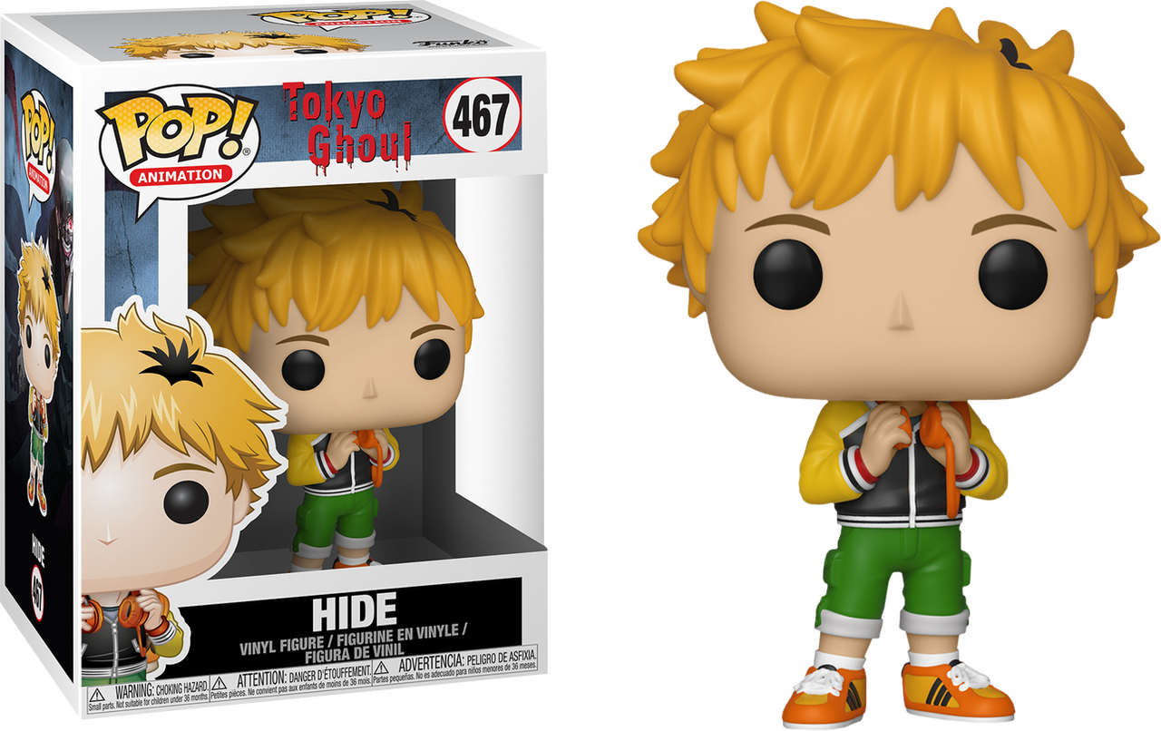 東京 桌布 壁紙 — 來自《東京喰種》的Hide Funko Pop! 乙烯基人偶站在他的收藏盒旁邊，背景為黑色。