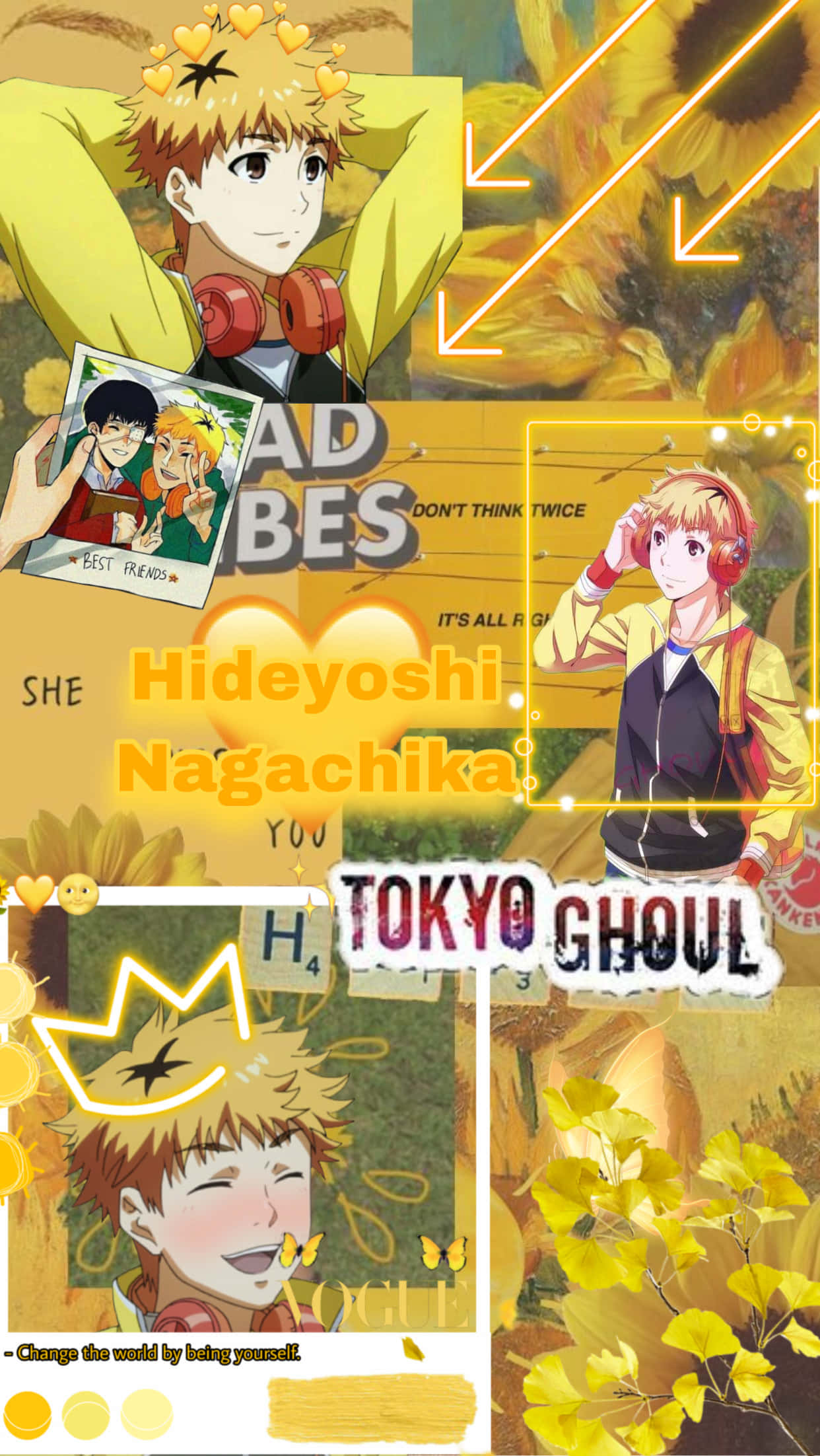 Hideyoshi Nagachika 桌布 壁紙 — 來自《東京喰種》的動漫角色永近英良，以向日葵和黃色點綴的拼貼風格呈現。