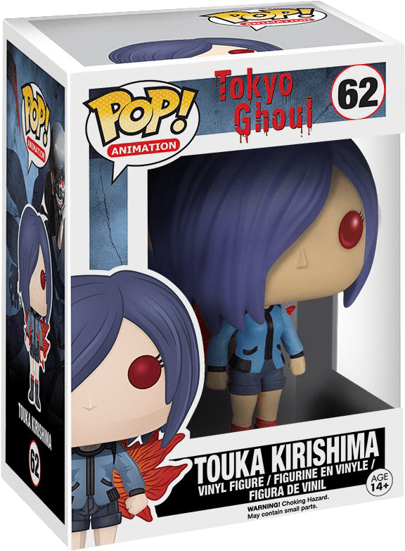 東京 桌布 壁紙 — 來自《東京喰種》的霧嶋董香 Funko Pop! 乙烯基公仔，身穿藍色外套，紅色眼睛，展示在原裝包裝中。