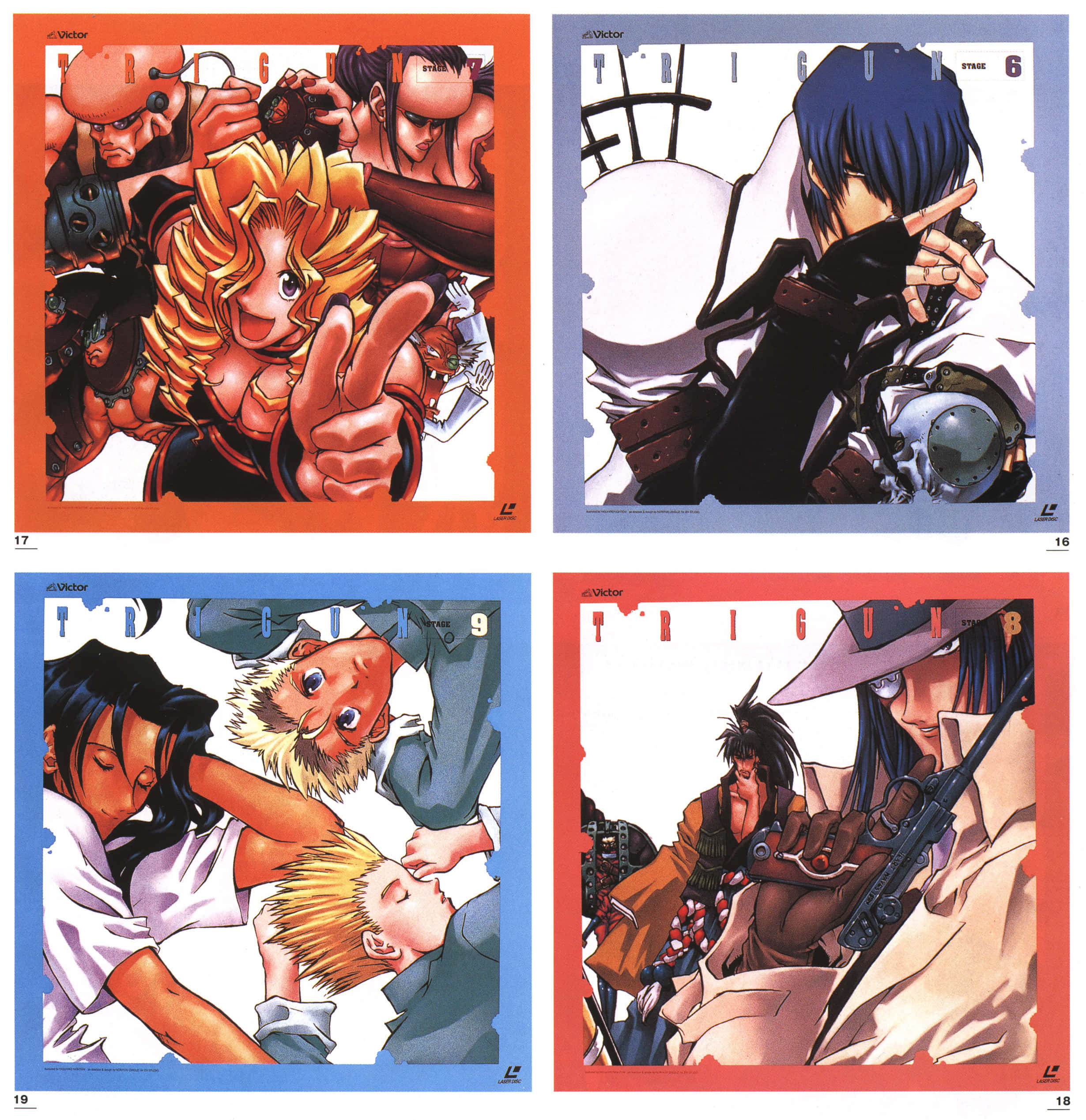 Rai-dei The Blade 桌布 壁紙 — 來自《槍神Trigun》的四個動漫風格角色肖像，每個都有不同的表情和姿勢，背景為彩色。
