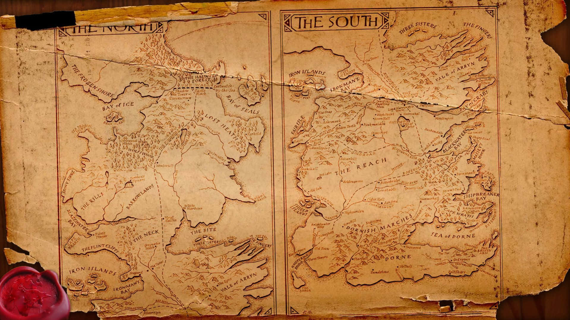 Map 桌布 壁紙 — 來自《權力遊戲》的維斯特洛和厄索斯古老羊皮紙地圖，邊緣破損並帶有紅色蠟封。