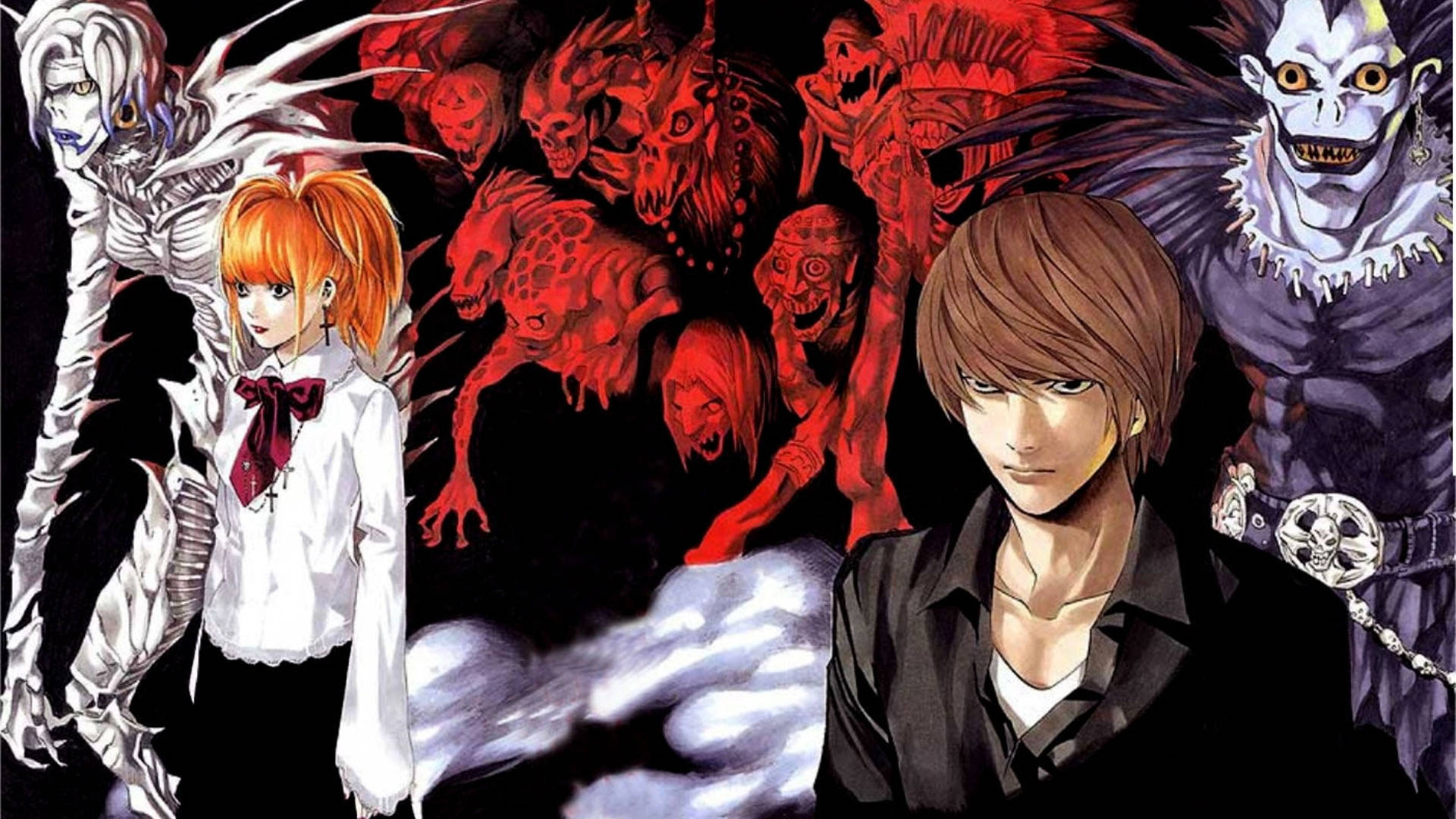 Misa 桌布 壁紙 — 來自《死亡筆記本》的動漫角色站在紅色惡魔形象和骷髏生物的背景前，背景為黑色。