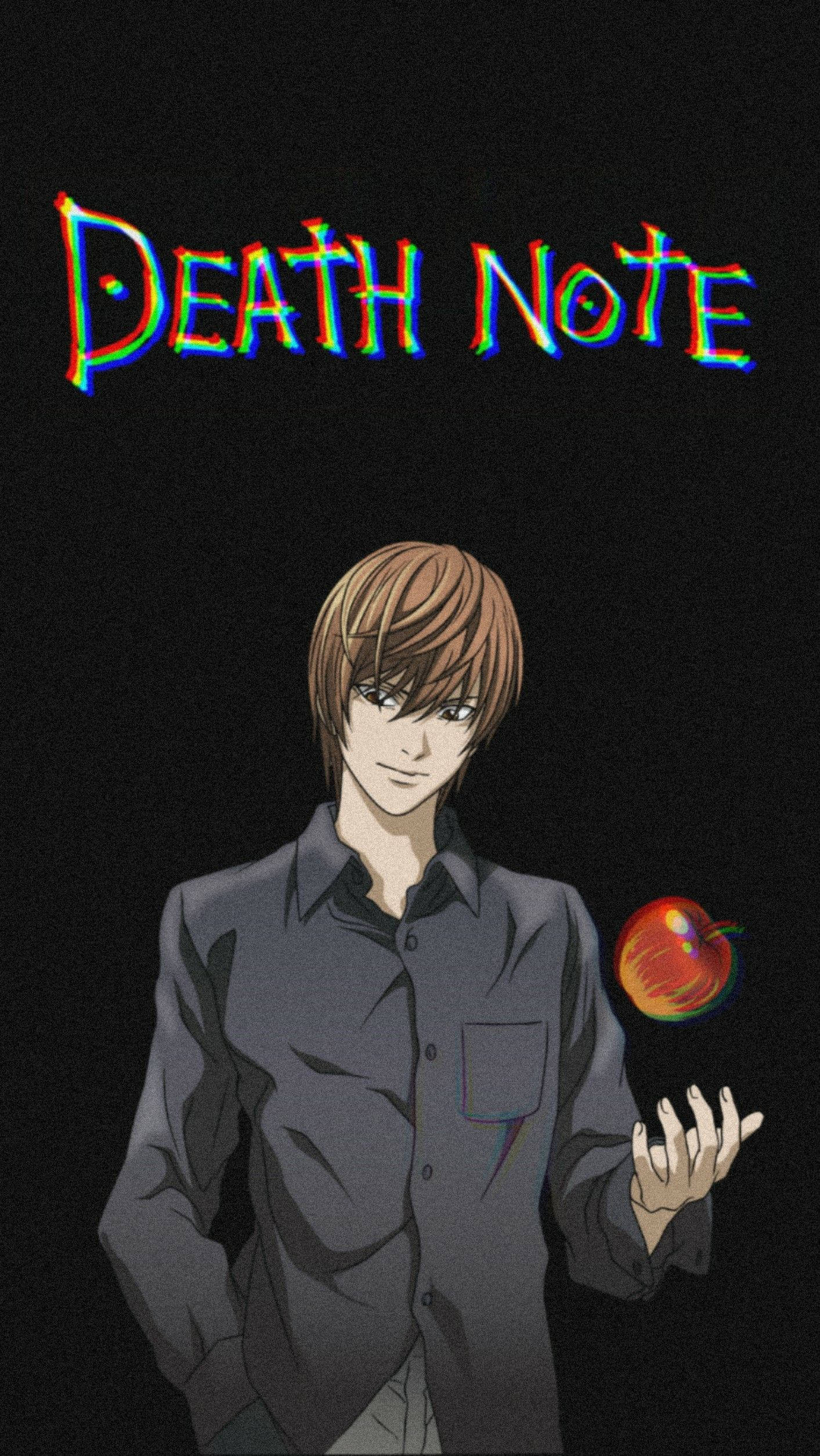 夜神月 桌布 壁紙 — 來自《死亡筆記本》的動畫角色夜神月手持發光蘋果，背景為黑色，標題以彩虹文字顯示。