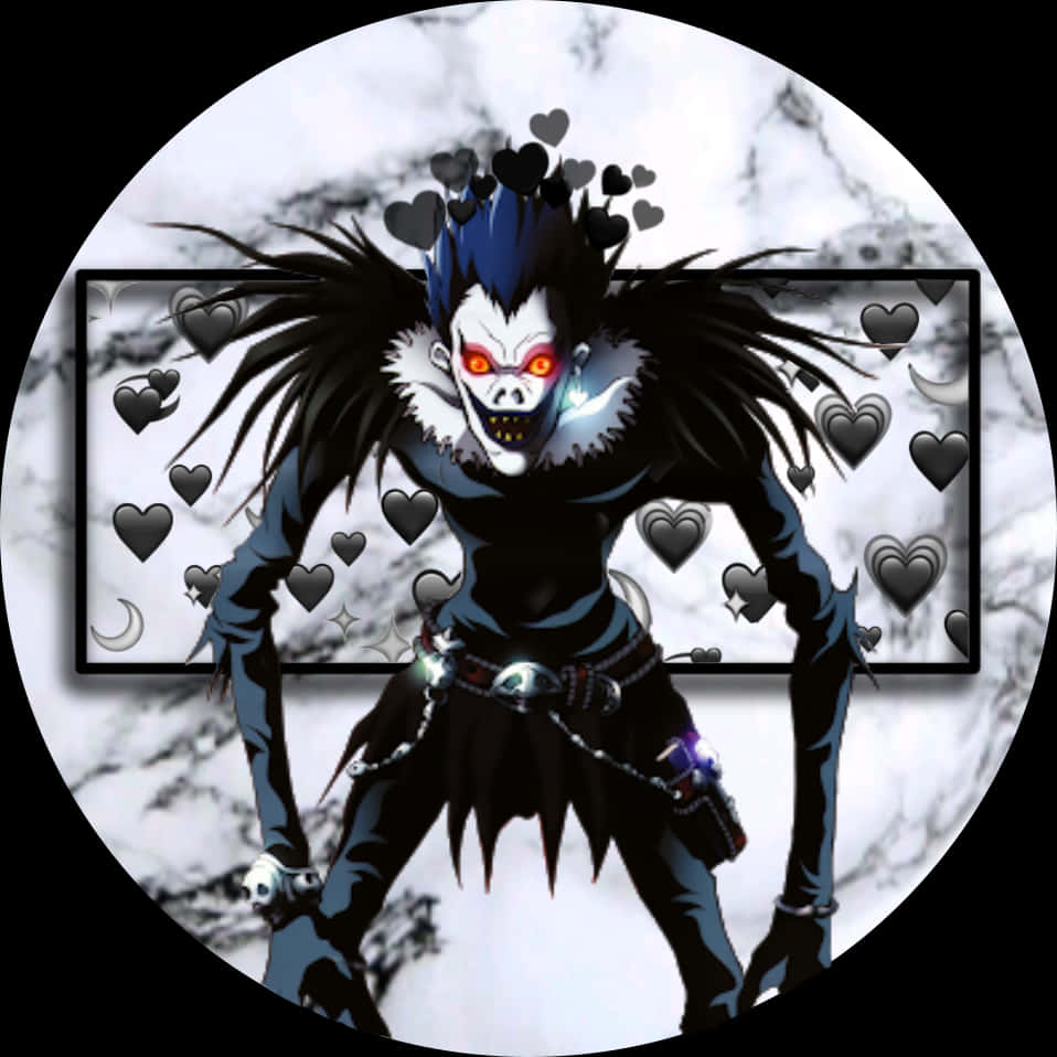 Death Note Ryuk 桌布 壁紙 — 來自《死亡筆記本》的動畫角色琉克，在大理石背景前，以發光的紅眼和黑色心形圖案威嚇地站立。