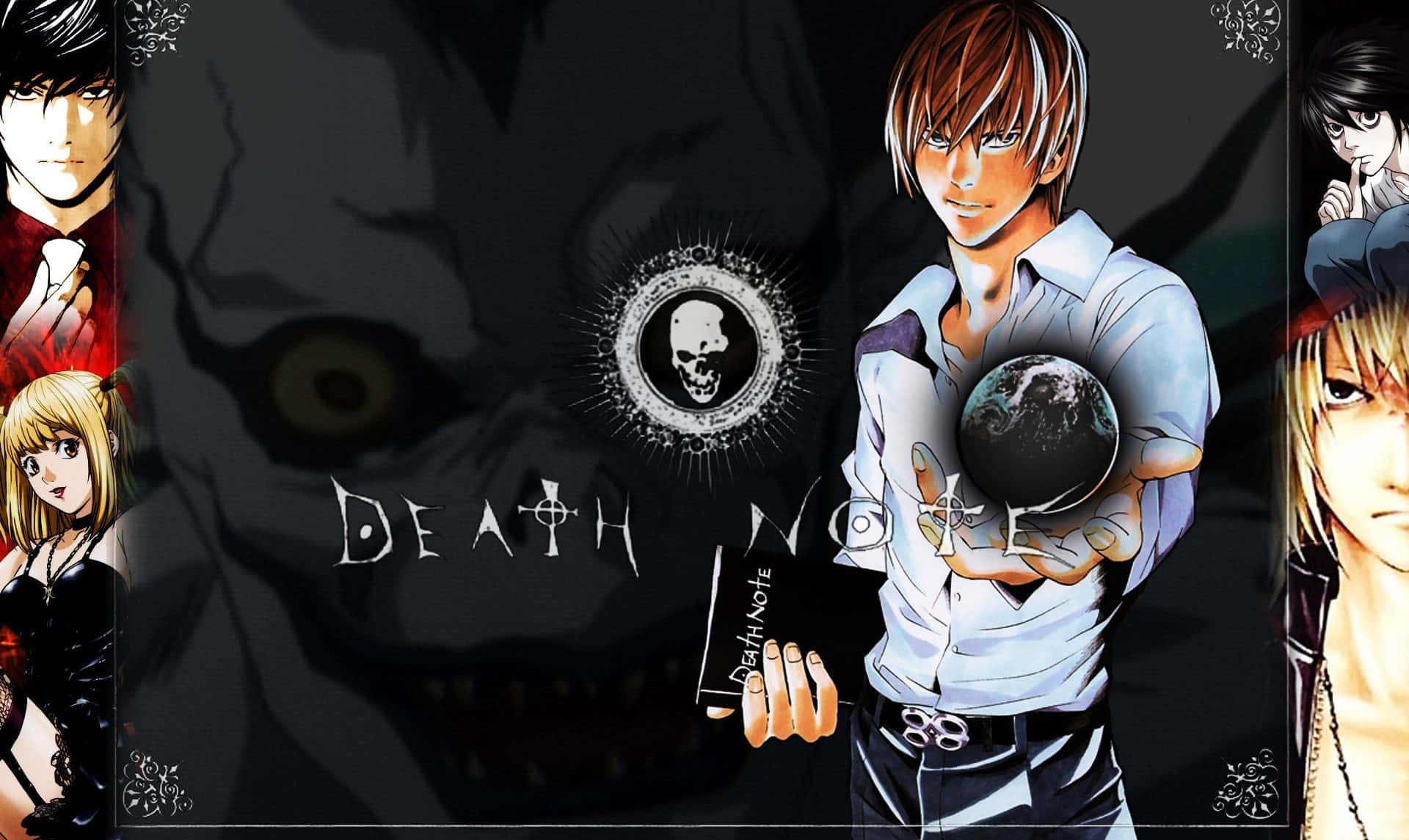 Death Note 4K 桌布 壁紙 — 來自《死亡筆記本》的動畫角色站在一個拿著地球儀和筆記本的陰影人物面前，背景陰暗。