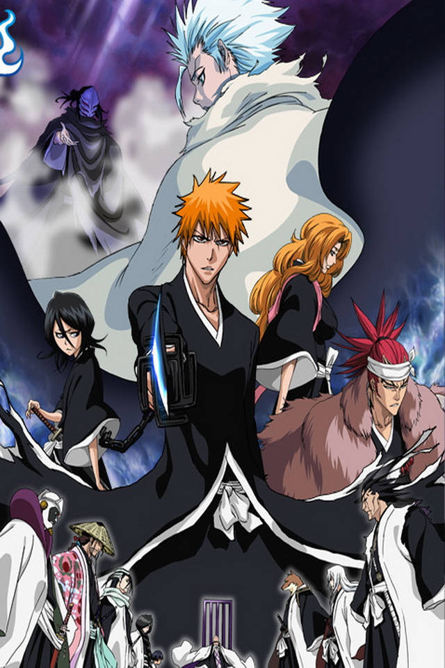 Bleach iPhone 桌布 壁紙 — 來自《死神》的動漫角色以動態姿勢站立，背景是暴風雨般的紫色天空，帶有發光的能量效果。