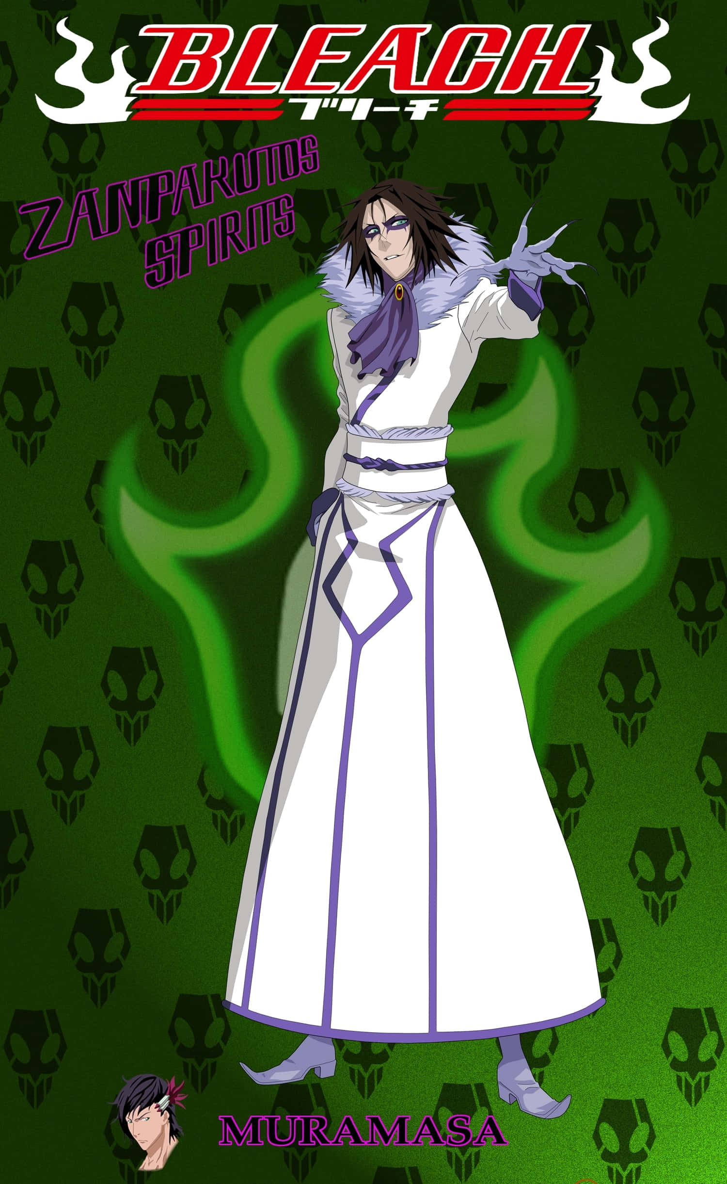 Bleach Muramasa 桌布 壁紙 — 來自《死神》的動漫角色村正，身穿帶有紫色點綴的白色長袍，背景為綠色骷髏圖案。