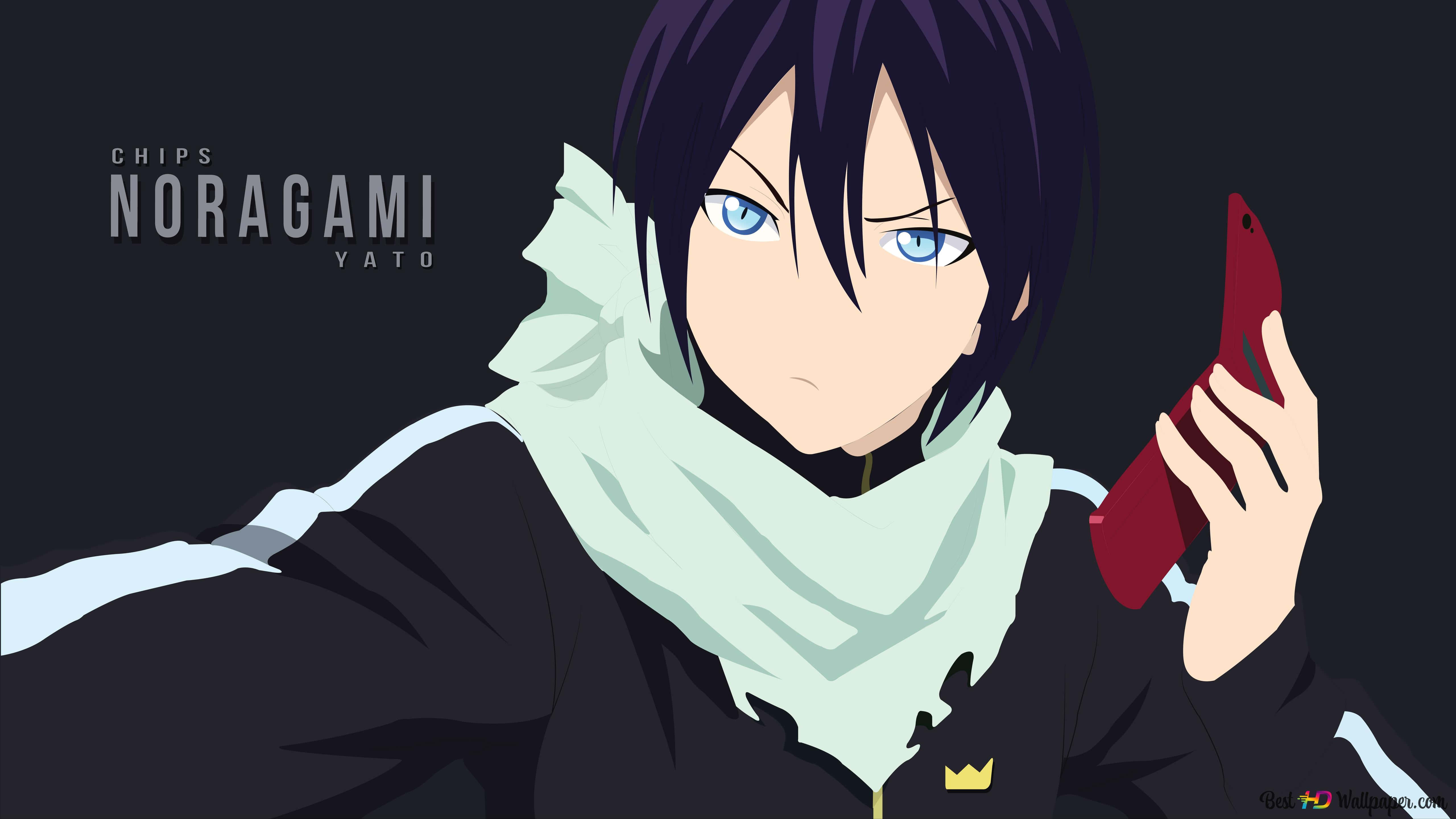 Noragami 桌布 壁紙 — 來自《流浪神差》的動漫角色夜斗在深色背景上拿著紅色電話，戴著淺綠色圍巾。