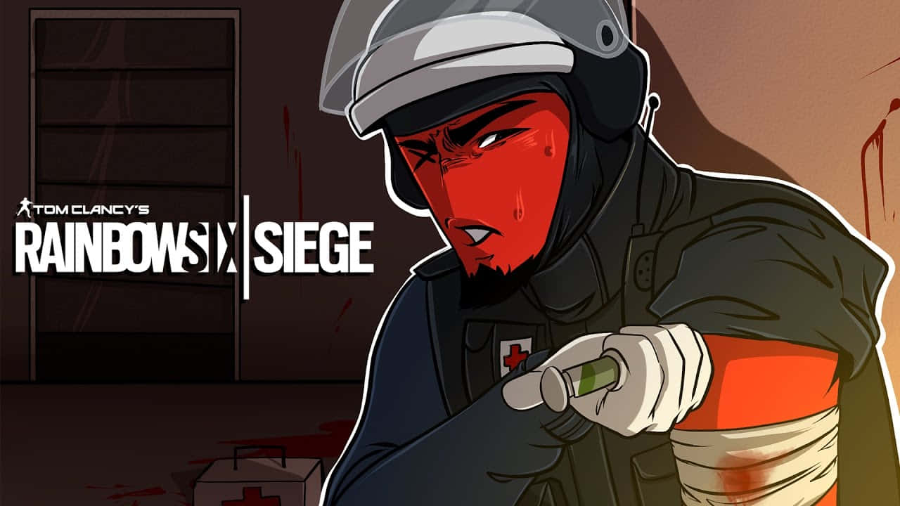 Rainbow Six Siege Doc 桌布 壁紙 — 來自《湯姆克蘭西：虹彩六號：圍攻行動》中，一名紅臉的戰術醫療兵在血跡斑斑的房間裡注射針筒。