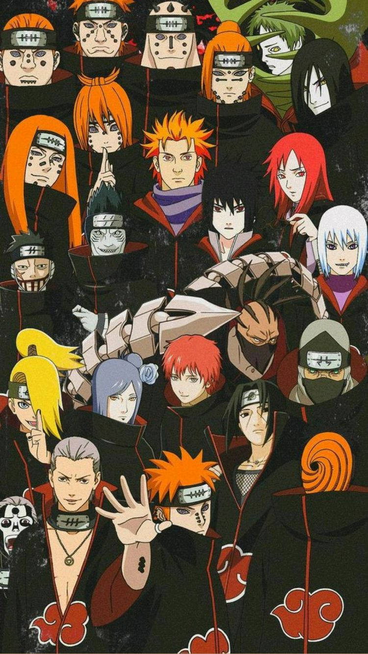 Itachi And Kisame 桌布 壁紙 — 來自《火影忍者》動畫的「曉」組織成員密集拼貼，身穿帶有紅雲的黑色斗篷，擺出強烈表情的姿勢。