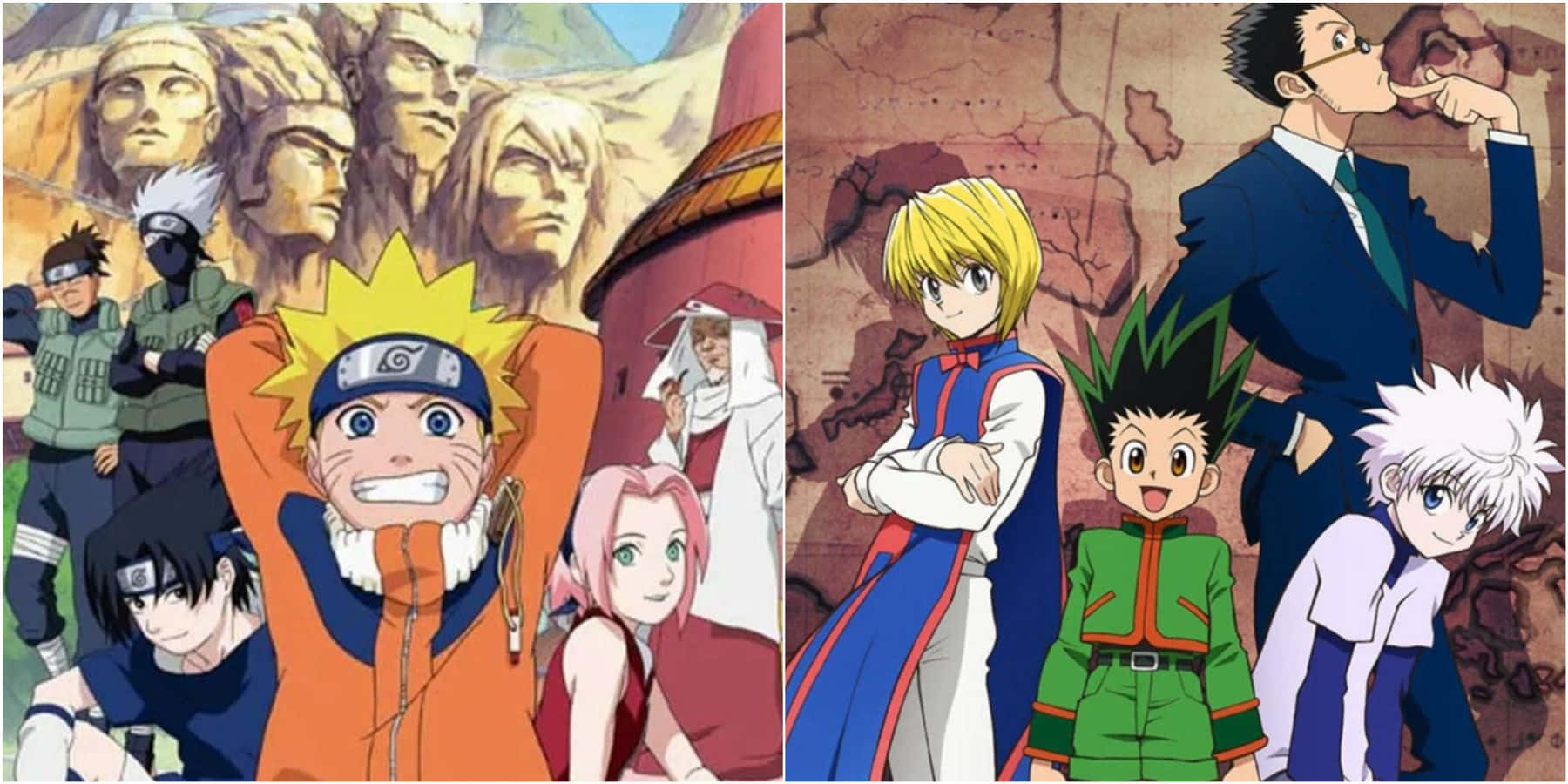 Shonen Anime 桌布 壁紙 — 來自《火影忍者》和《Hunter x Hunter》的動漫角色一起站在充滿活力、風格化的場景中，表情豐富，姿勢動感。