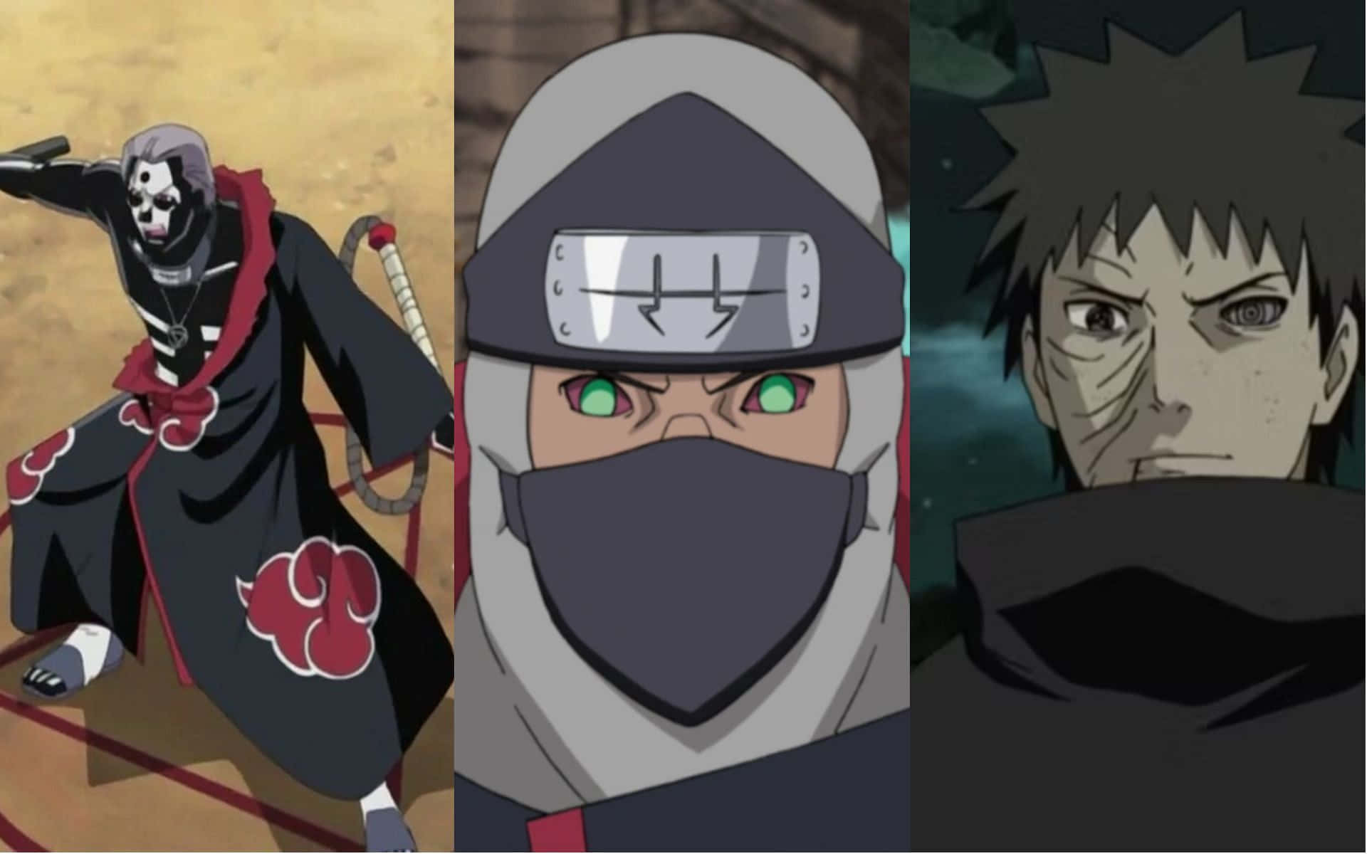 Akatsuki Kakuzu 桌布 壁紙 — 來自《火影忍者》的三個動漫角色：一個戴面具的骷髏忍者、一個戴面具的綠眼忍者，以及一個有疤痕的刺蝟頭男子。