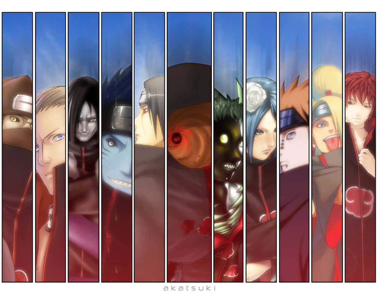 Akatsuki Drawing 桌布 壁紙 — 來自《火影忍者》的九位曉組織成員的垂直肖像，各自披著斗篷，背景是藍天。