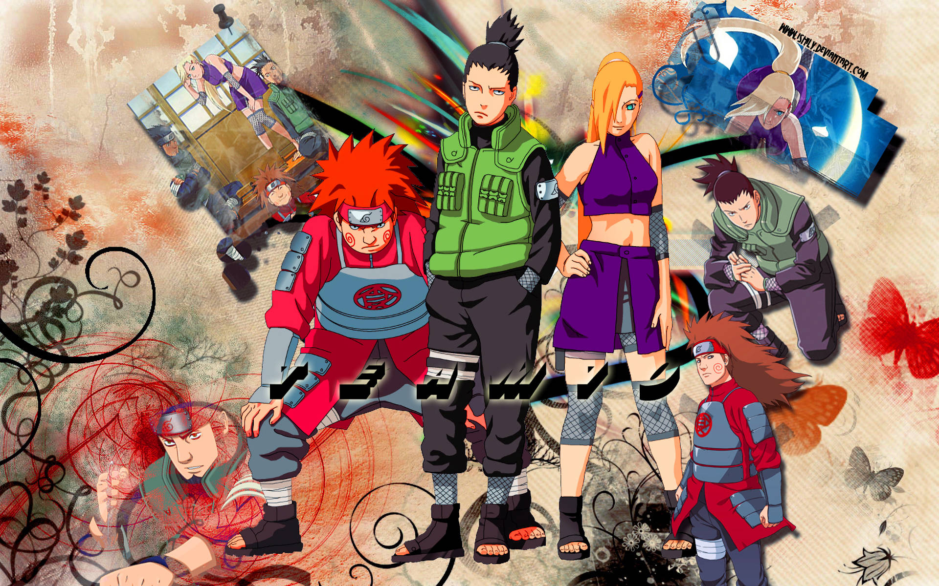 Shikamaru 桌布 壁紙 — 來自《火影忍者》的動態動漫角色，在帶有漩渦圖案和蝴蝶的紋理拼貼背景前英勇擺姿勢。