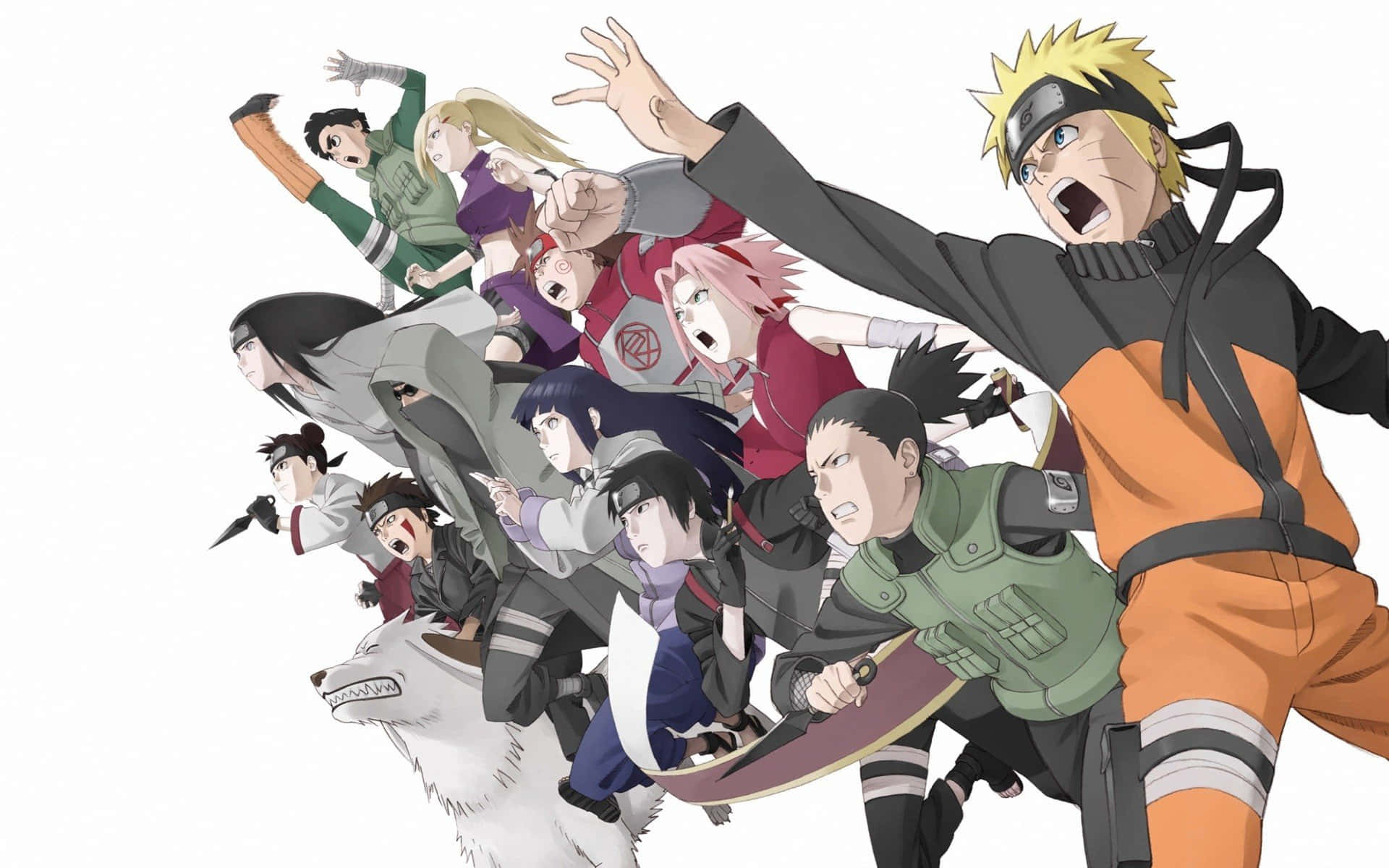 Naruto Group 桌布 壁紙 — 來自《火影忍者》的動態動漫角色以動作姿勢在純白背景上向前衝刺。