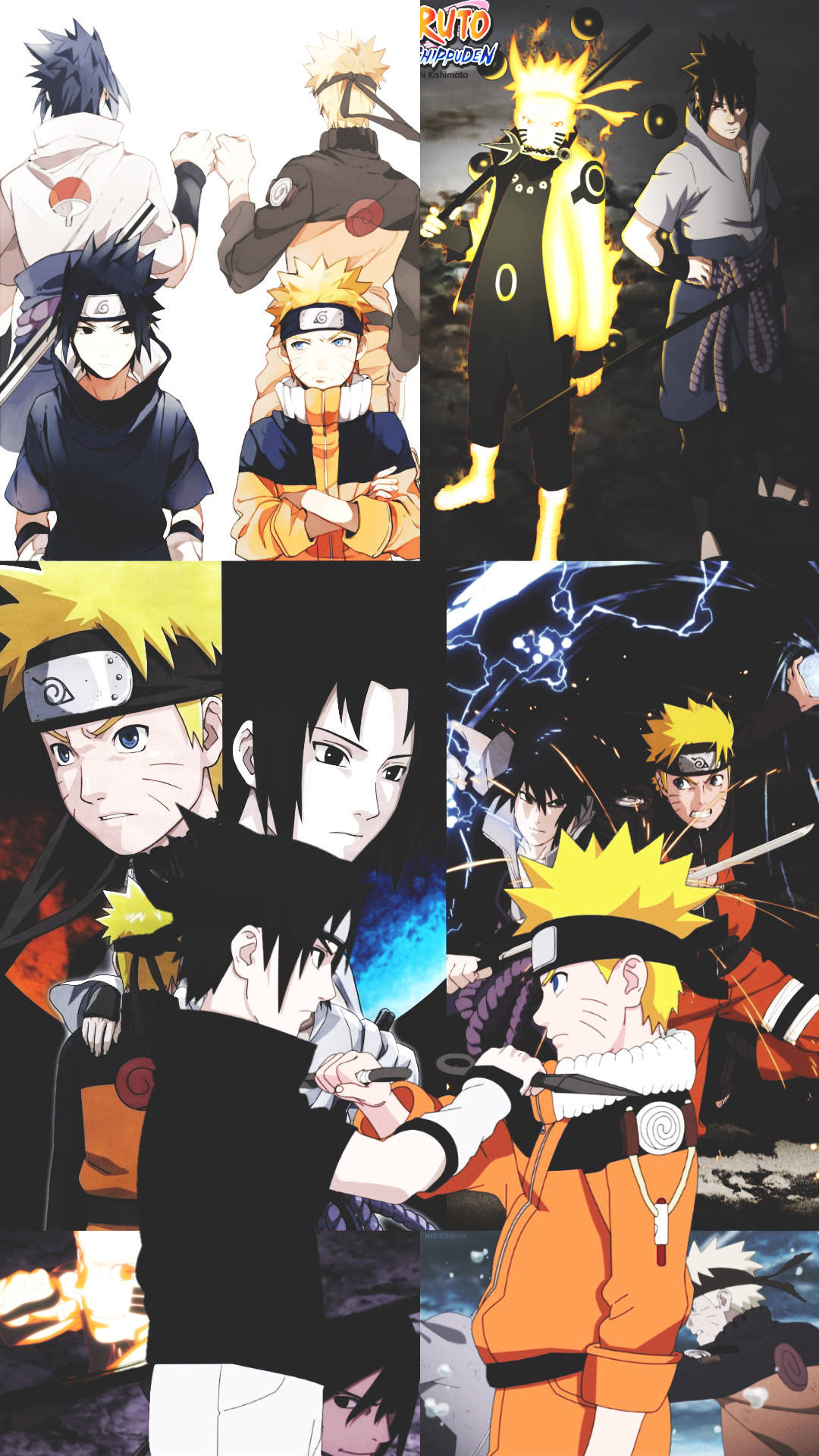 Naruto And Sasuke 桌布 壁紙 — 來自《火影忍者》的動漫角色動態拼貼，展現動作姿勢、發光查克拉和強烈表情。