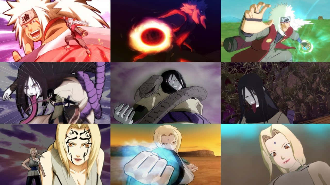 Legendary Sannin 桌布 壁紙 — 來自《火影忍者》的動漫角色在動態戰鬥場景中運用基於查克拉的力量的拼貼畫。