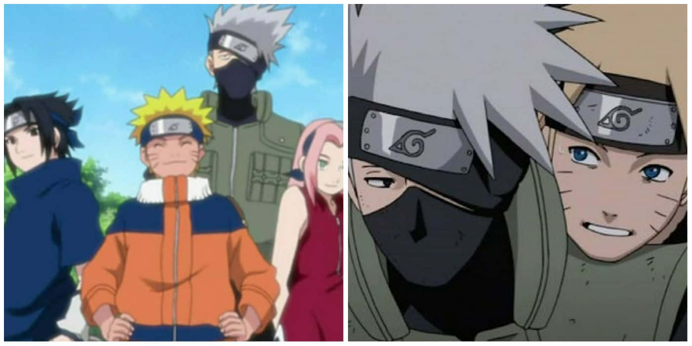 Kakashi And Naruto 桌布 壁紙 — 來自《火影忍者》的動漫角色在戶外一起站立，背景是明亮的藍天和綠樹。