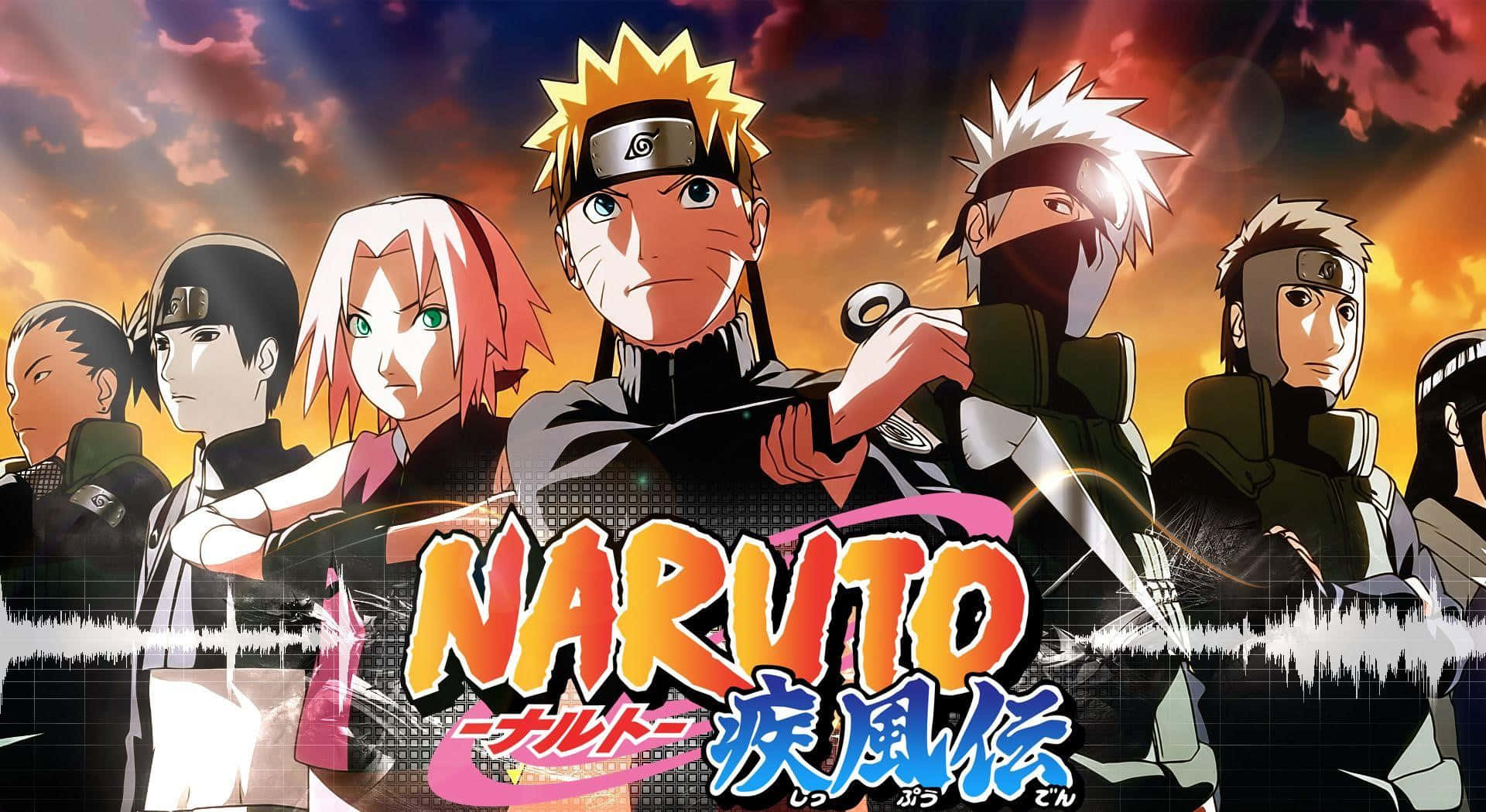 Naruto Manga 桌布 壁紙 — 來自《火影忍者》的動漫角色在熾熱的夕陽天空下英勇站立，搭配大膽的標題圖形。