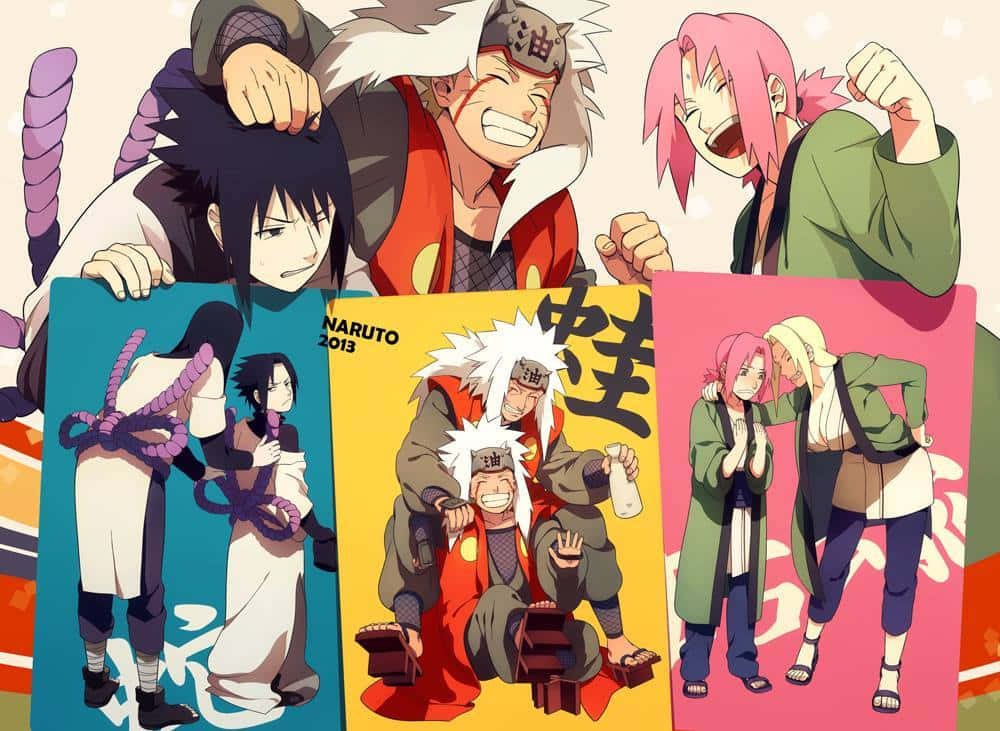 Legendary Sannin 桌布 壁紙 — 來自《火影忍者》的鮮豔動漫角色在色彩繽紛的畫板上以大膽的輪廓和富有表現力的臉龐充滿活力地擺出姿勢。