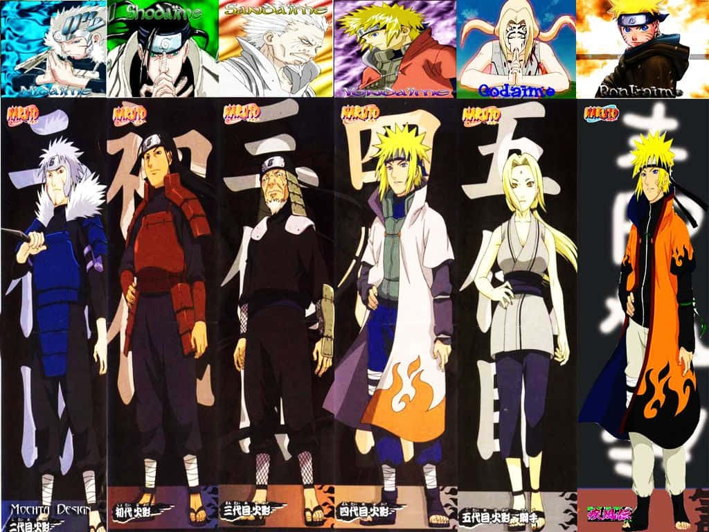Fourth Hokage 桌布 壁紙 — 來自《火影忍者》系列的九個動漫角色拼貼畫，每個角色都有獨特的服裝和表情，背景風格化。