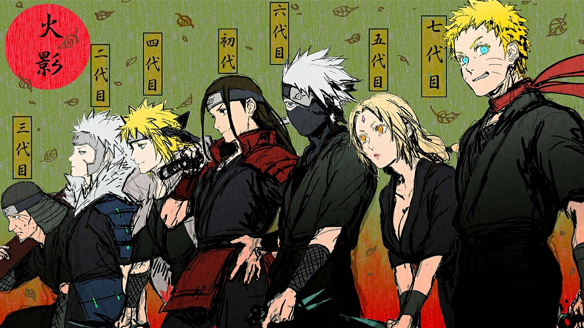 minato namikaze 桌布 壁紙 — 來自《火影忍者》系列的動漫忍者角色，在綠色背景前擺姿勢，背景上有日文文字和紅色印章。