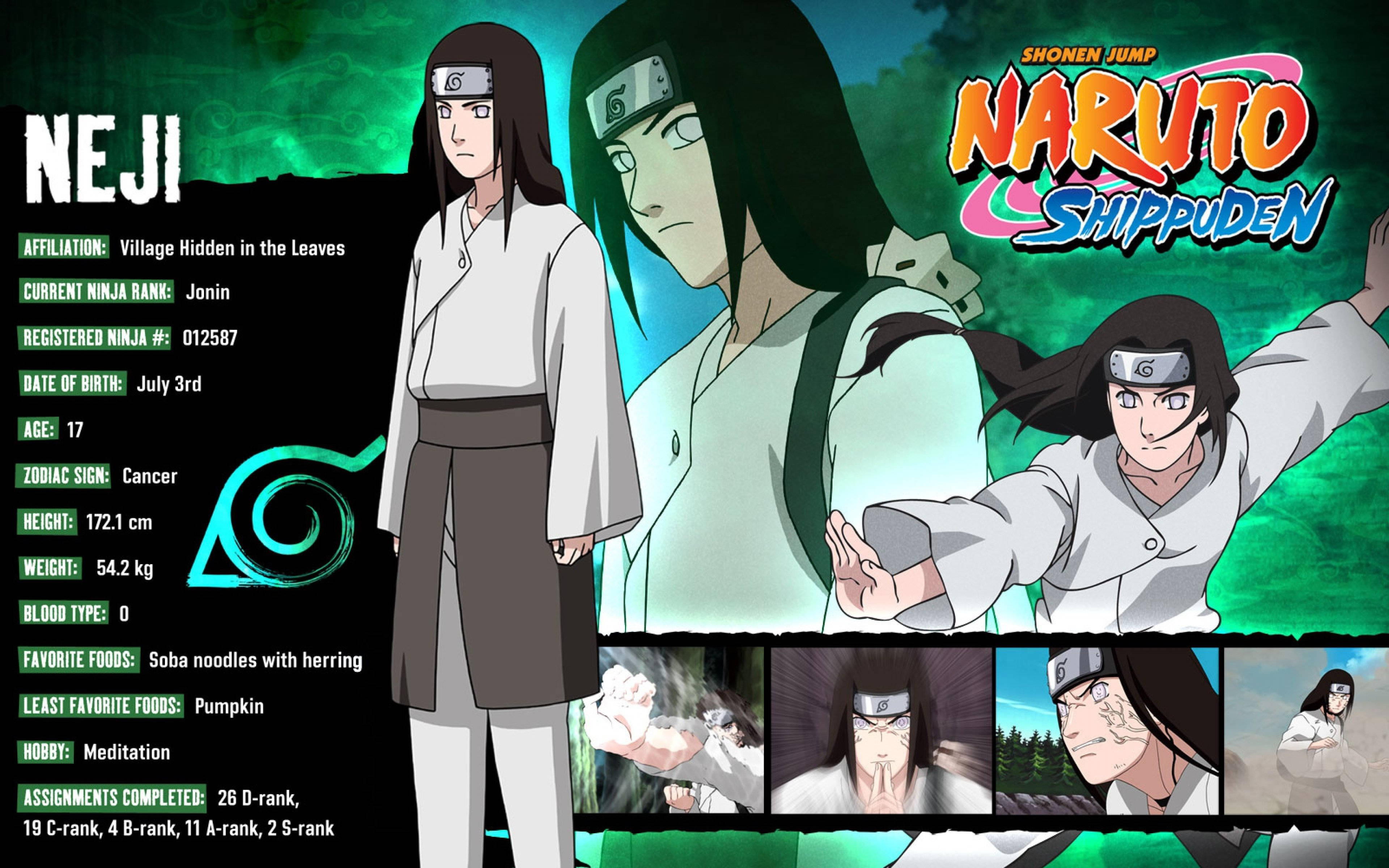 Neji 桌布 壁紙 — 來自《火影忍者疾風傳》的動漫角色寧次，身穿白色和灰色忍者服，站在發光的綠色背景前，附有統計數據和動作鏡頭。