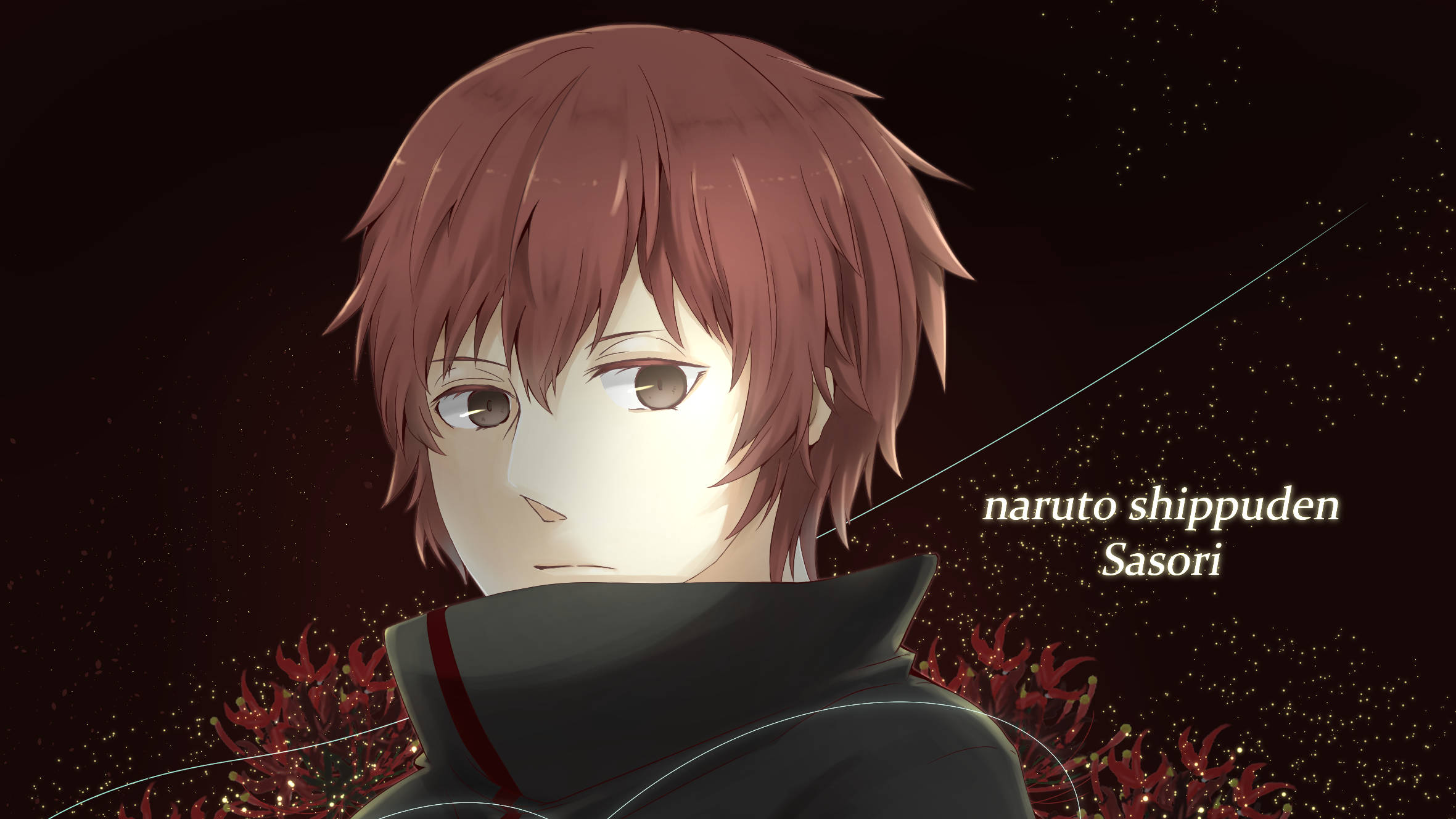 Sasori 桌布 壁紙 — 來自《火影忍者疾風傳》的動漫角色蠍，紅髮、身穿黑色斗篷，背景是星光閃爍的深紅色。
