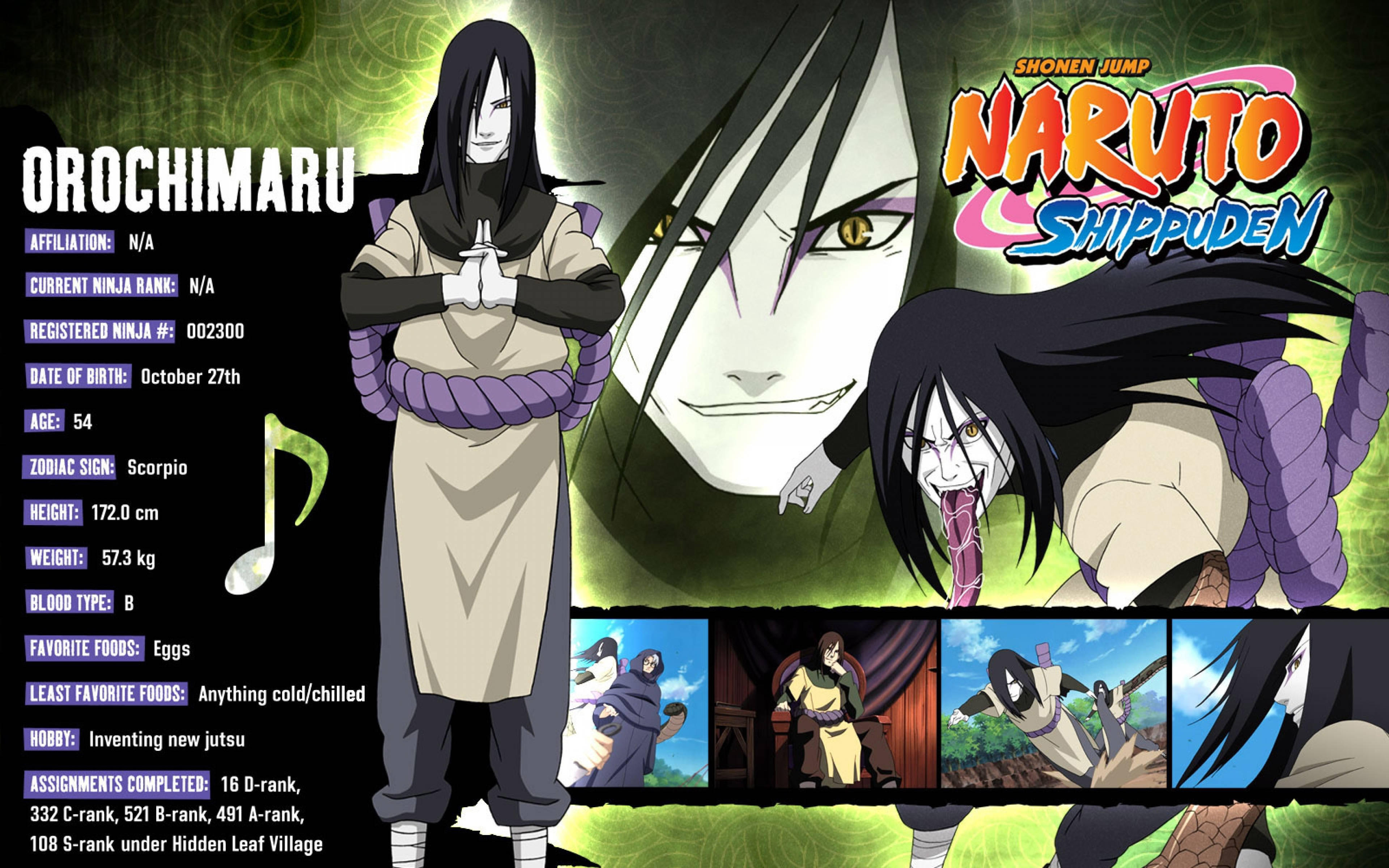 Orochimaru 桌布 壁紙 — 來自《火影忍者疾風傳》的動漫角色大蛇丸，雙手合十，站在綠色漩渦背景前，周圍有多個動作面板。