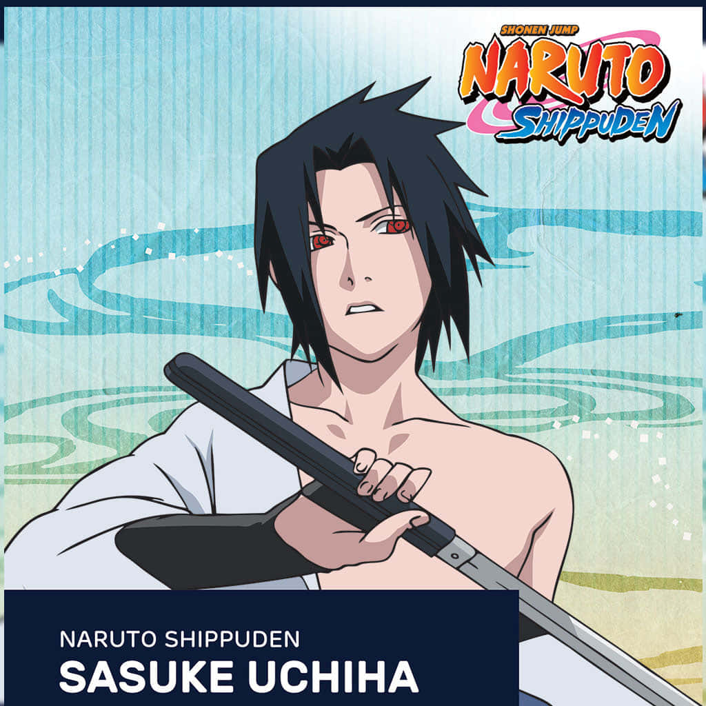 Sasuke Naruto 桌布 壁紙 — 來自《火影忍者疾風傳》的宇智波佐助，在風格化的藍綠色水樣背景前，手持劍，雙眼呈現強烈的紅色。