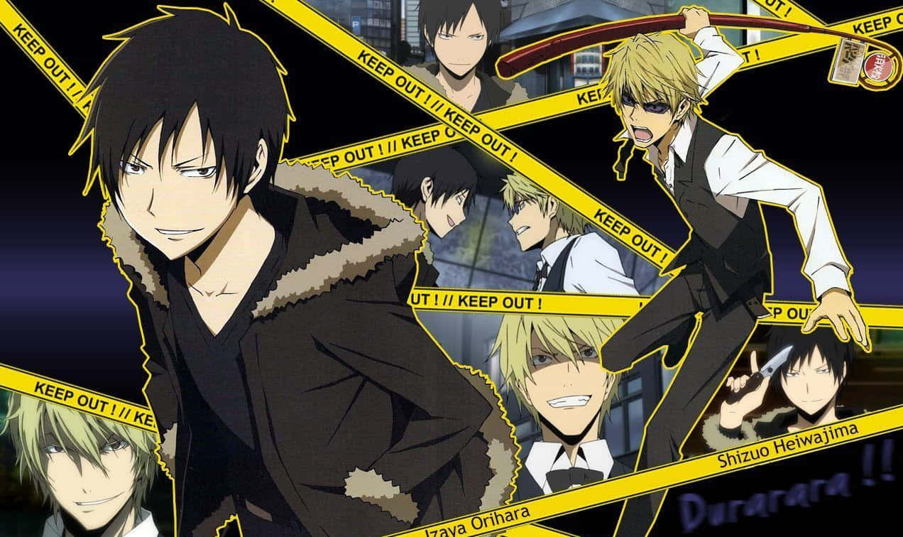 Kasuka Heiwajima 桌布 壁紙 — 來自《無頭騎士異聞錄 DuRaRaRa!!》的動畫角色，被黃色「KEEP OUT!」膠帶框住，背景是黑暗的城市。