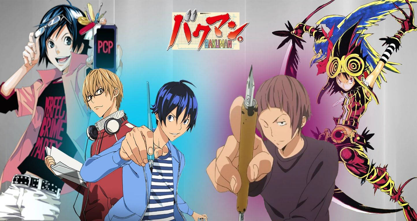 Bakuman 桌布 壁紙 — 來自《爆漫王》的動漫角色在漸變背景前擺姿勢，手持藝術工具，並帶有標題標誌。