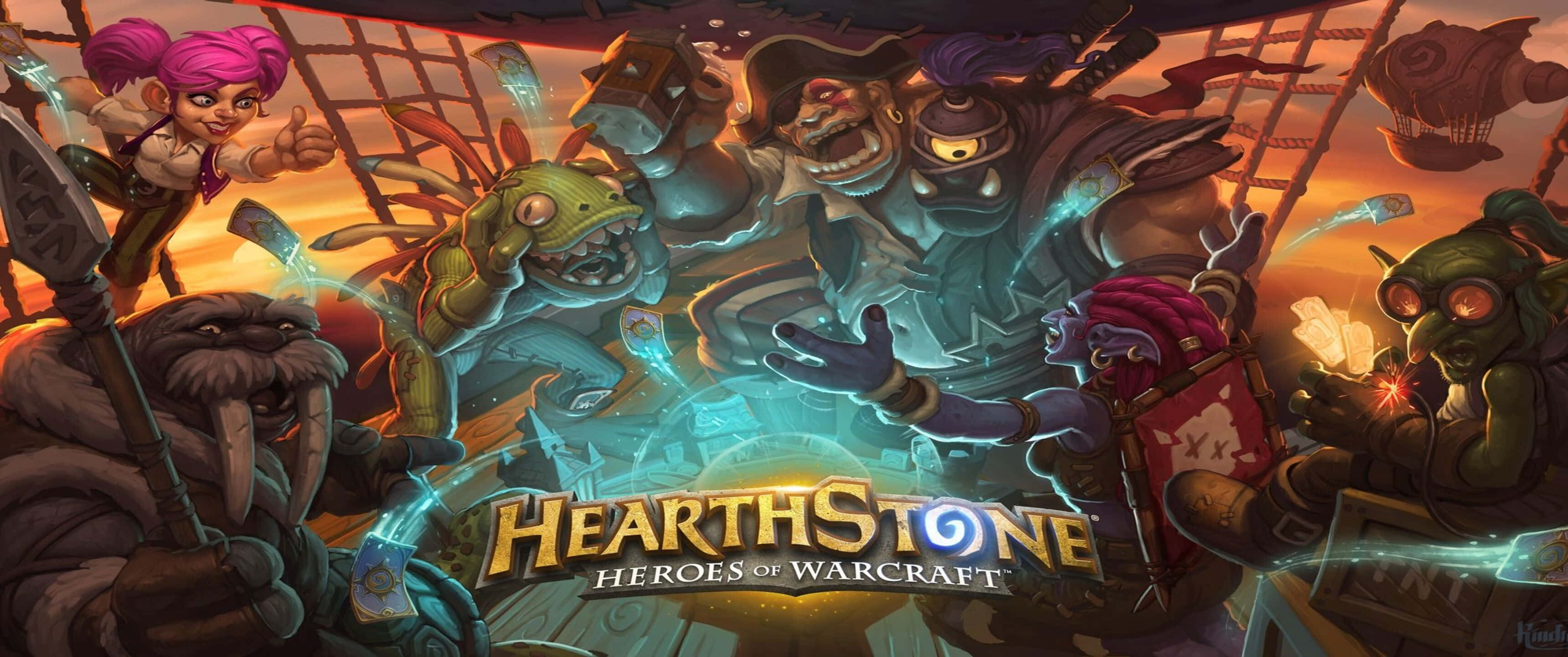 3440x1440p Hearthstone 桌布 壁紙 — 來自《爐石戰記》的充滿活力的奇幻戰鬥場景，船上有多樣化的角色，並帶有發光的魔法效果。