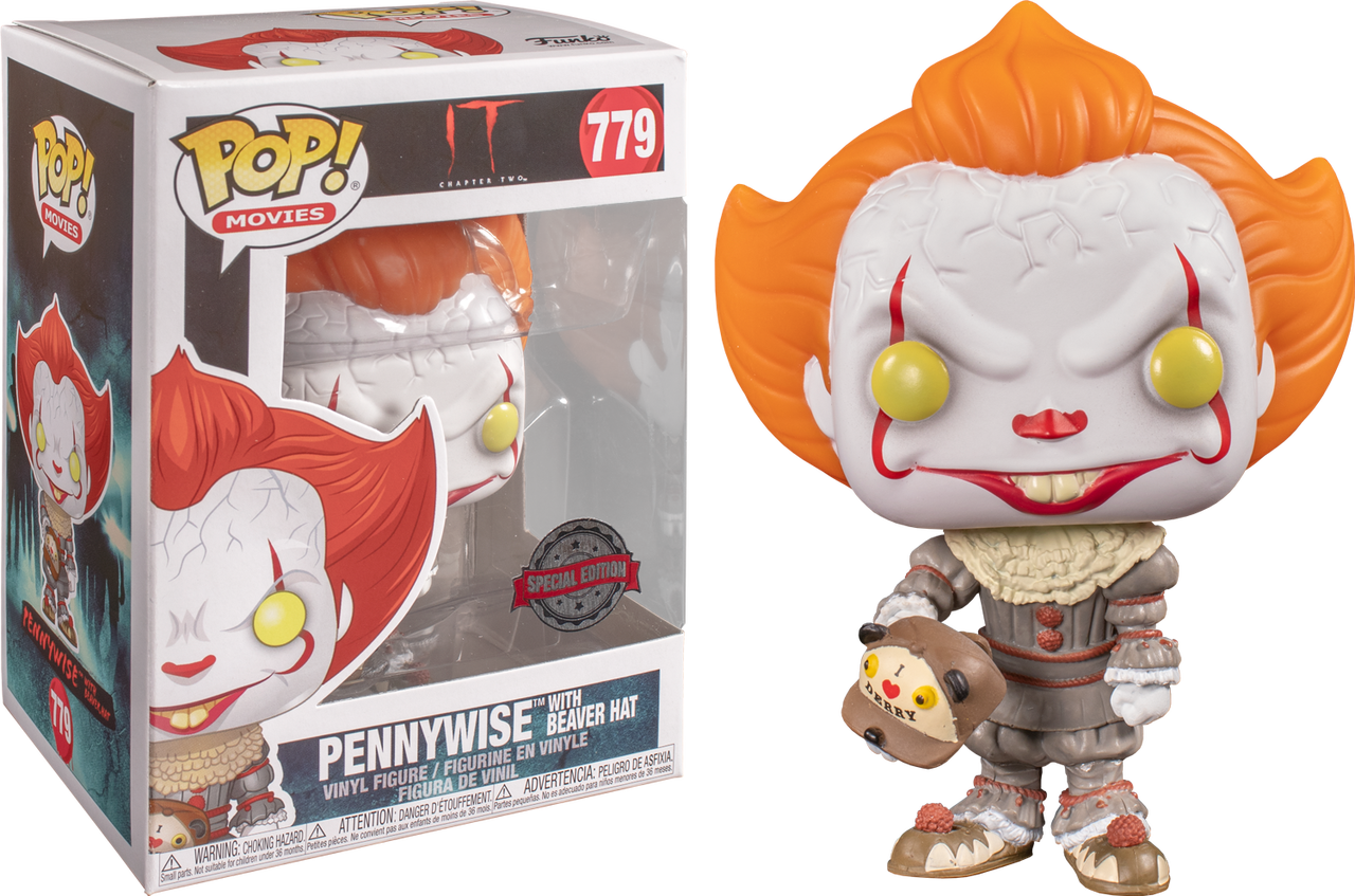 小丑潘尼懷斯 桌布 壁紙 — 來自《牠》的Pennywise小丑Funko Pop! 搪膠公仔，手持海狸帽，旁邊是其收藏盒。