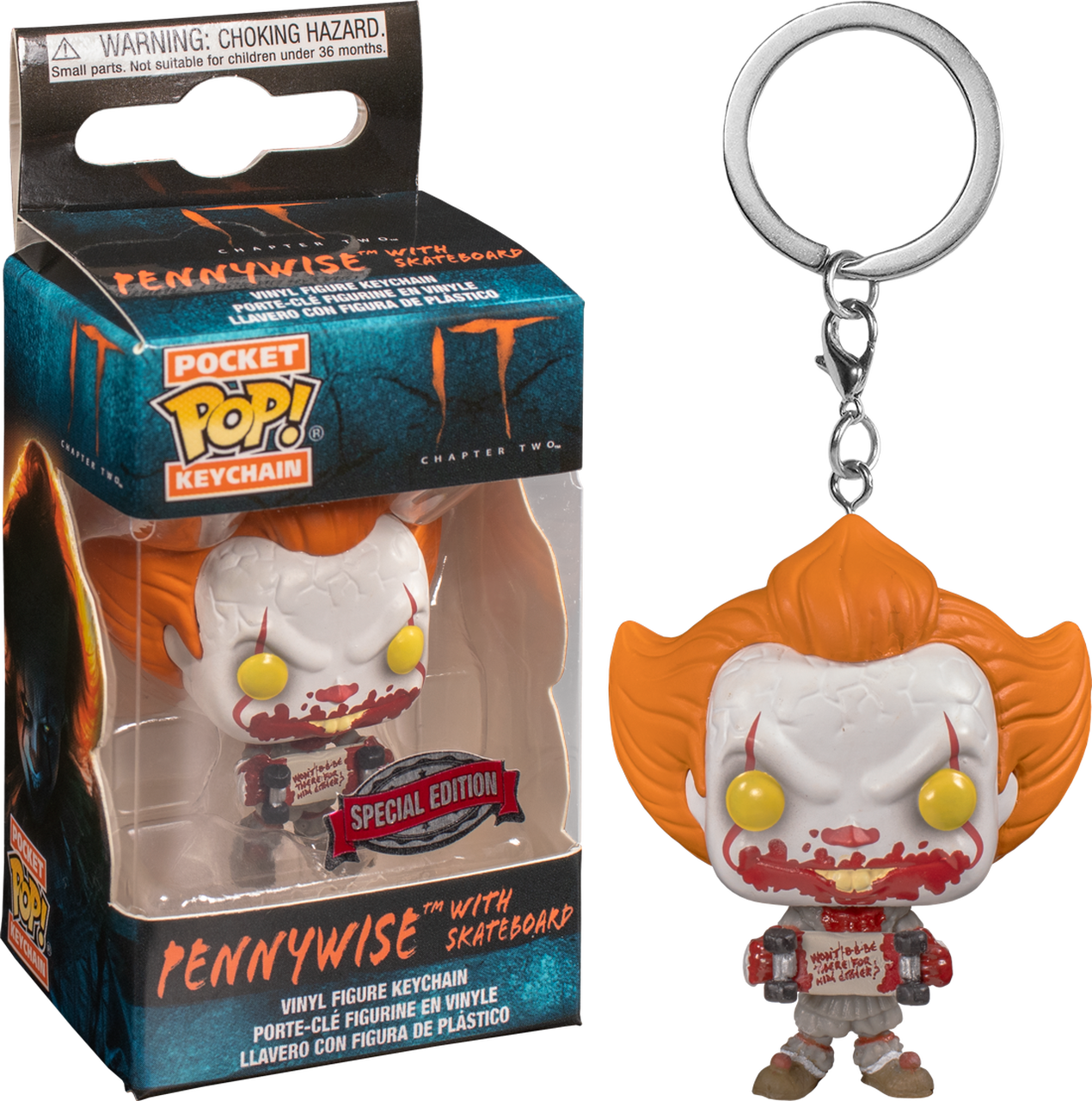 小丑潘尼懷斯 桌布 壁紙 — 來自《牠：第二章》的潘尼懷斯 Funko Pocket Pop! 鑰匙圈，附有滑板，旁邊是其品牌包裝。