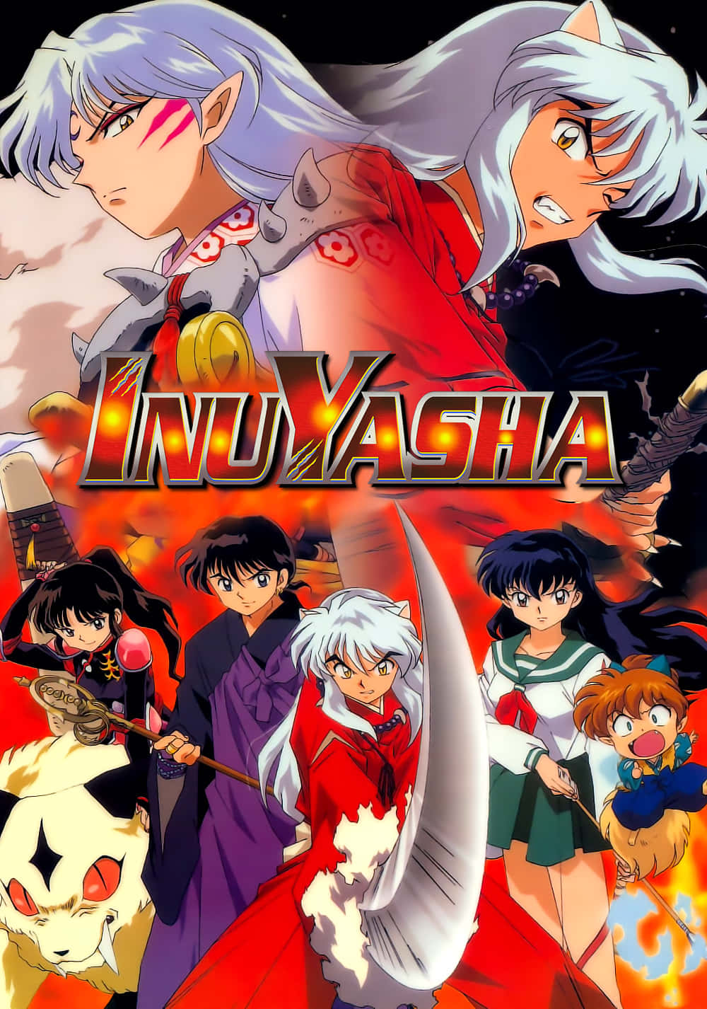 Inuyasha Nekomata 桌布 壁紙 — 來自《犬夜叉》的動畫角色在火紅與黑色的背景上英勇站立，帶有發光的標題。