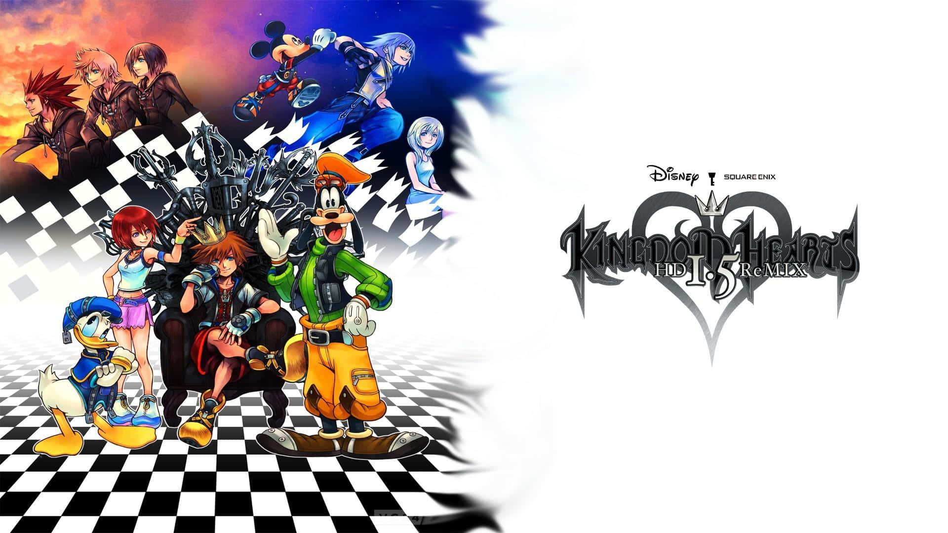 Kingdom Hearts Riku 桌布 壁紙 — 來自《王國之心 III Remake》的迪士尼和史克威爾艾尼克斯角色在棋盤格地板上以夕陽天空為背景動態擺姿勢。