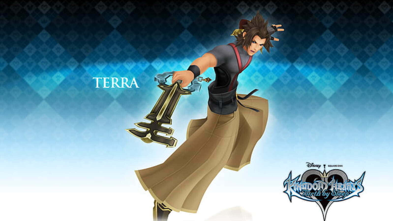 Kingdom Hearts Terra 桌布 壁紙 — 來自《王國之心 夢中降生》的泰拉動態地揮舞著他的鑰刃，背景是帶有鑽石圖案的藍色漸變。