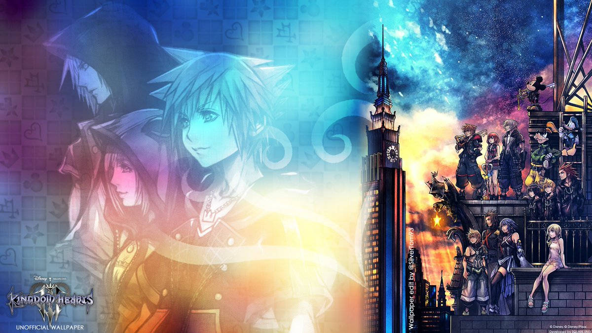 Kingdom Hearts 3 桌布 壁紙 — 來自《王國之心》的動漫角色站在時鐘塔頂，背景是充滿活力的暮色天空，帶有發光的魔法符號。